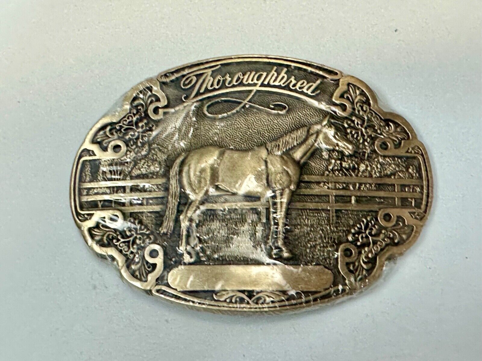 Thoroughbred Horse with Award Ribbon NOS Vintage ADM Solid Brass Belt Buckle