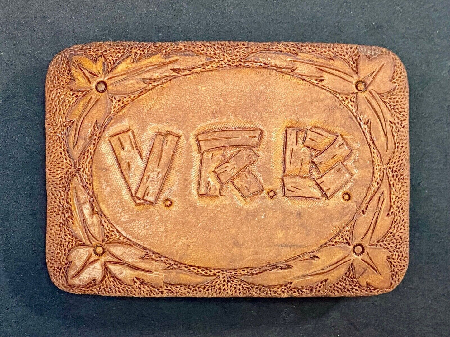 Vintage Initials Letters Vrb Log Style On Leather And Brass Belt Buckle 