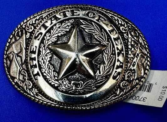 The Great State of Texas Star Flag Theme Vintage NOS Silver Color Belt Buckle