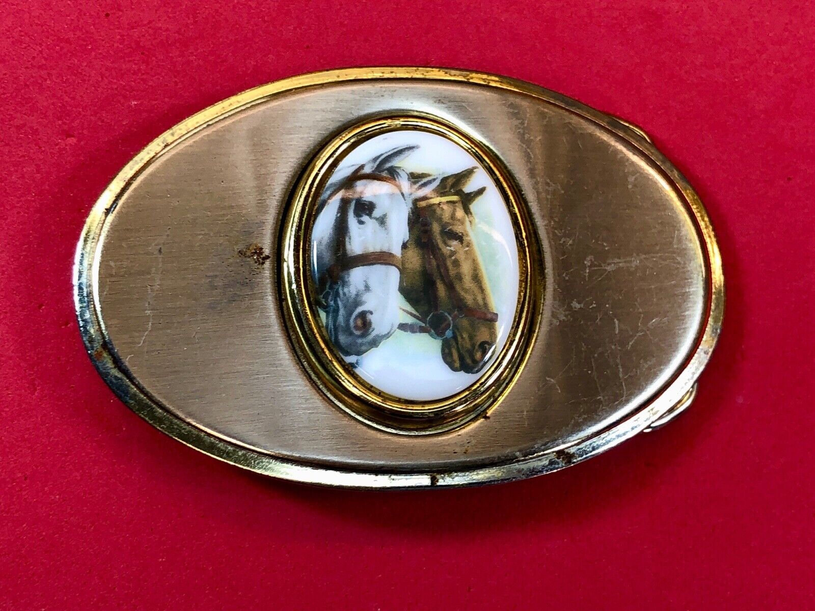Vintage Dual Two Horse Head Bust Figure picture centerpiece western belt buckle 