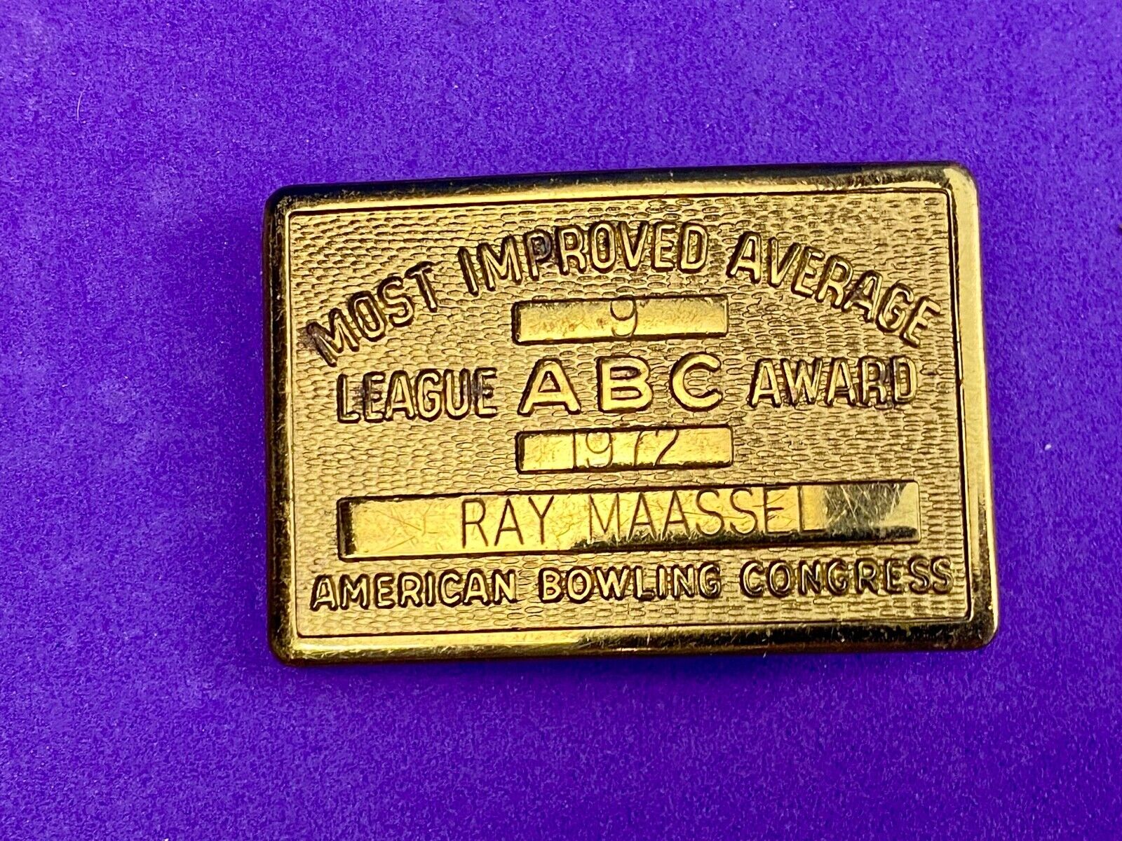 Vintage ABC American Bowling Congress League Award gold tone belt buckle