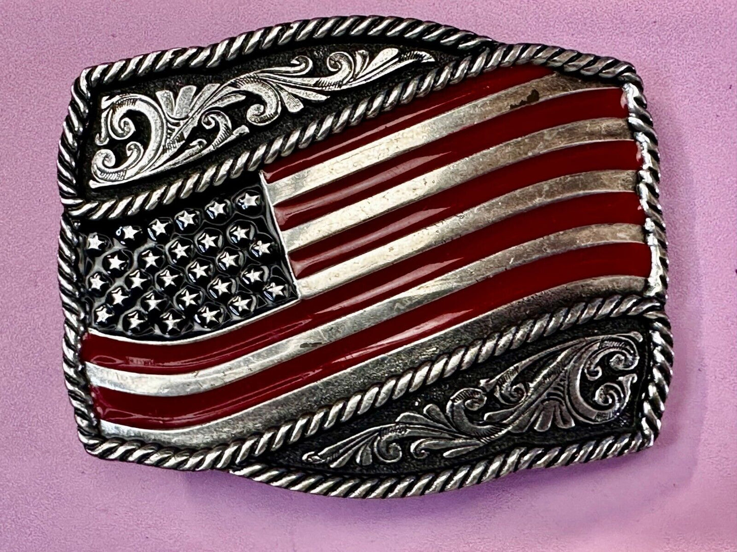 Patriotic American Flag USA Flower Swirl Western Belt Buckle Montana Silversmith