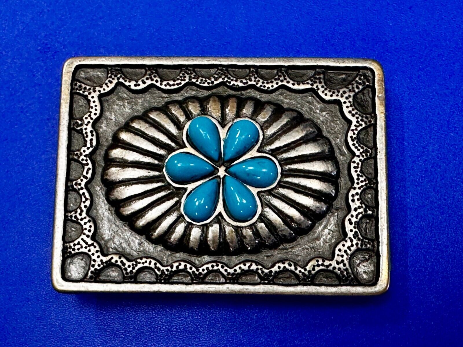 Turquoise Stone Center Floral Theme Native American Indian Style Belt Buckle