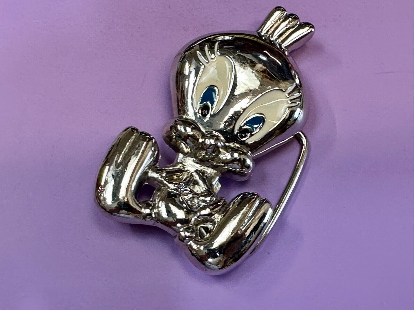 Tweety Bird Looney Tunes Enamel Eyes Silver Tone Small Vintage Belt Buckle