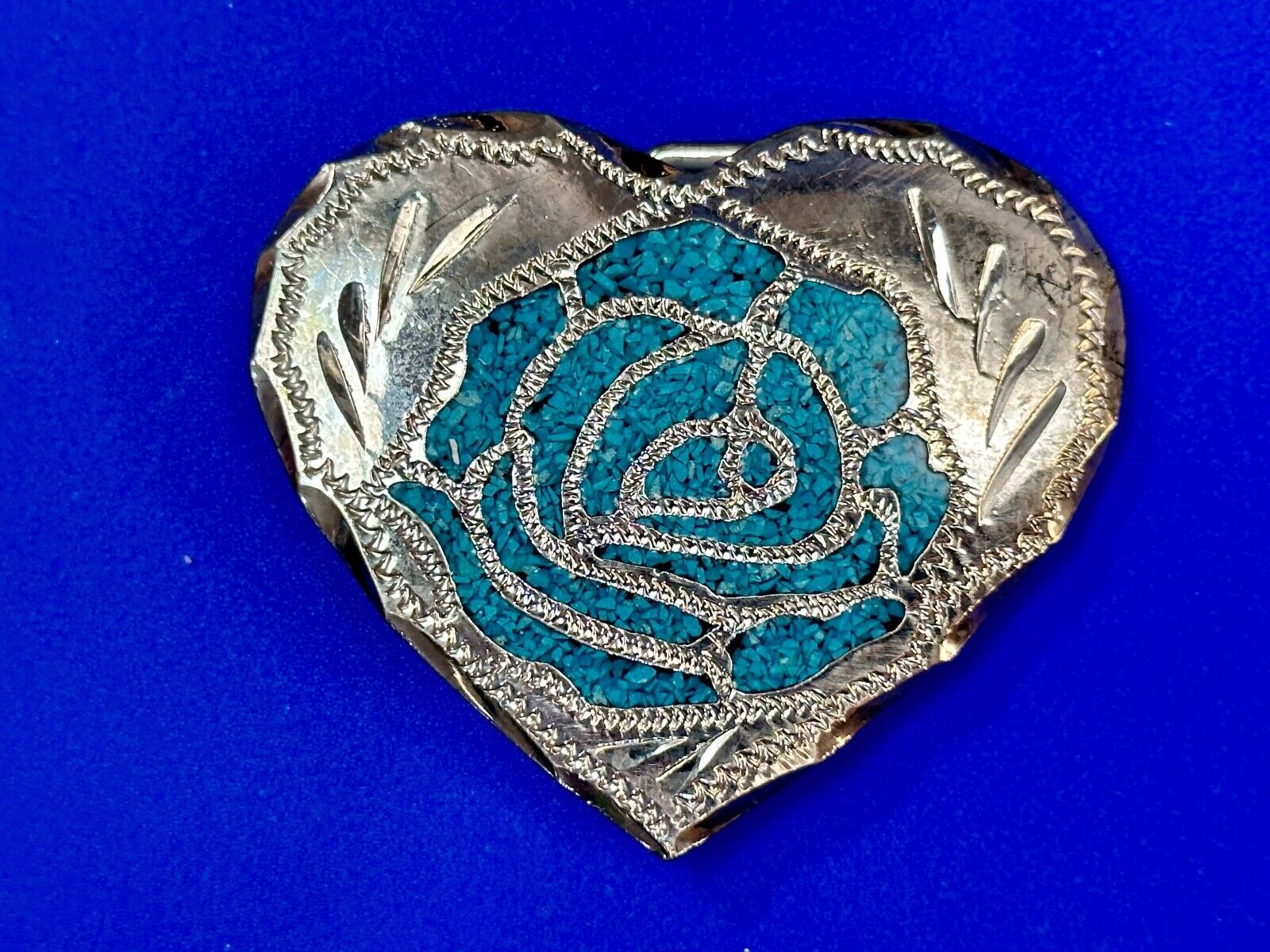 Turquoise inlaid rose flower to 3" wide heart shaped engraved swirl belt buckle