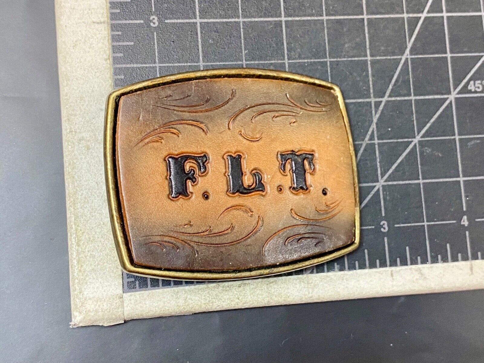 Vintage Initials Letters F. L. T.  leather and brass tone western belt buckle