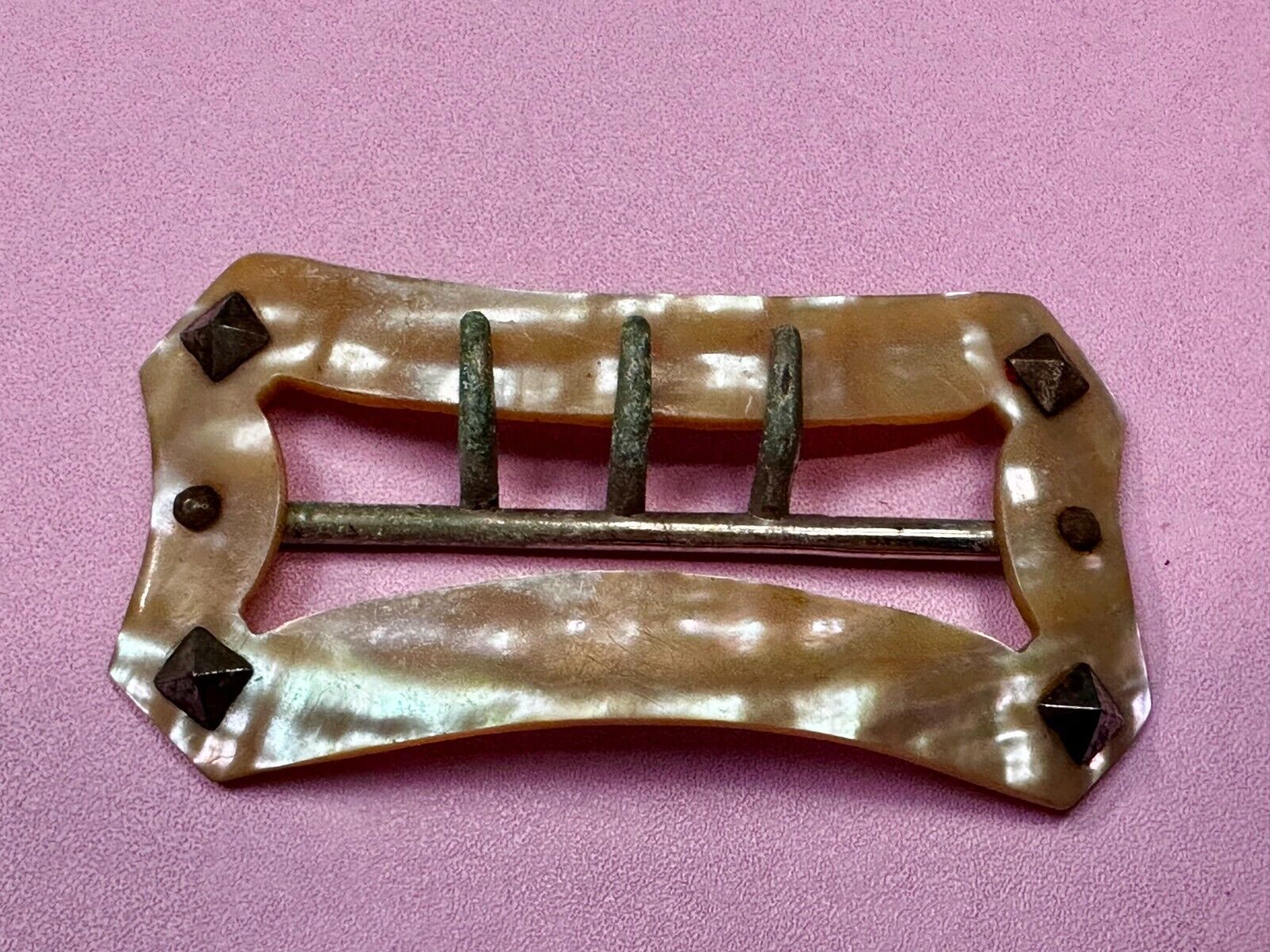 Three Prong Antique Vintage Mop Mother Of Pearl 3" Wide Belt Buckle