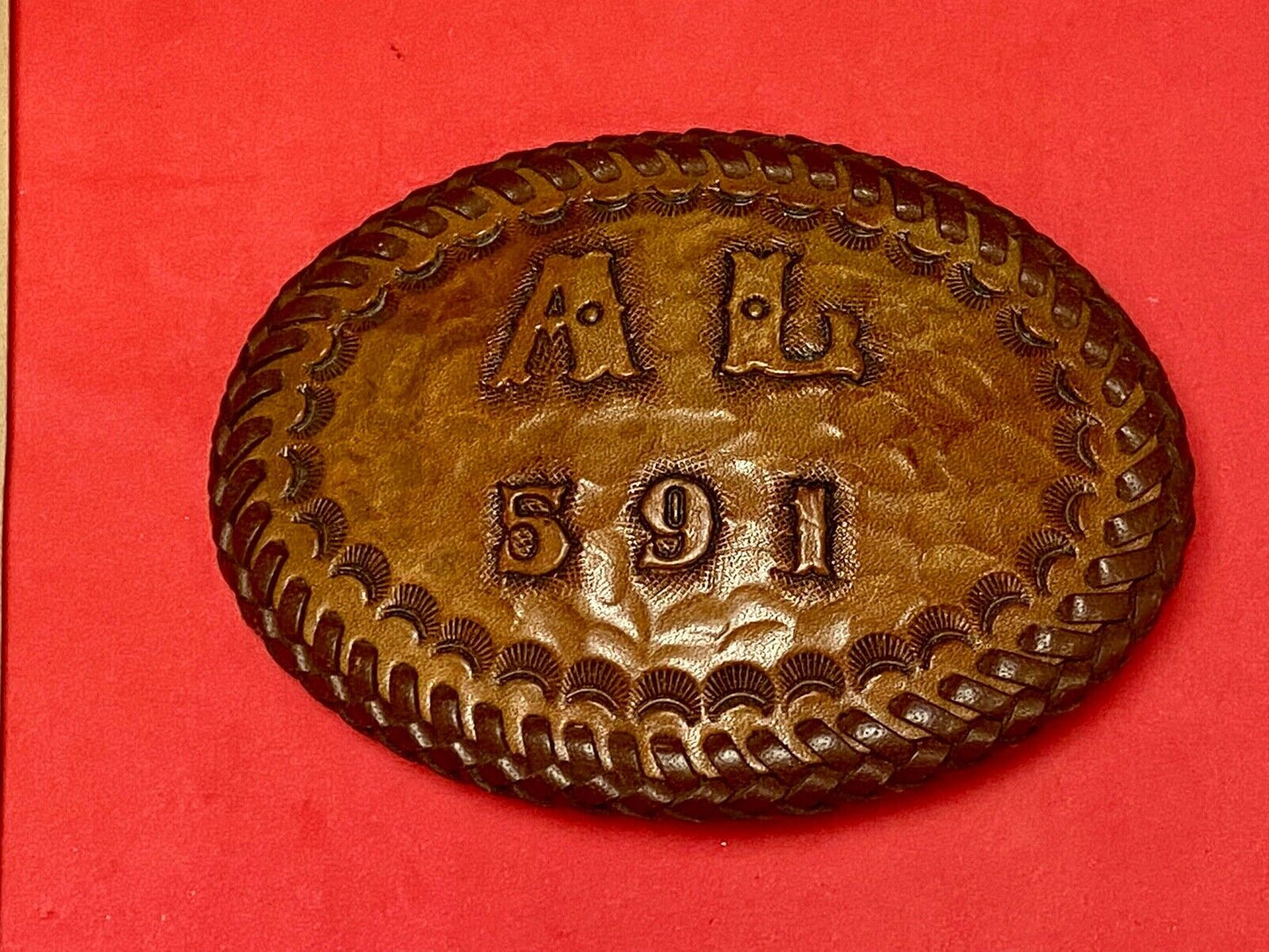 Al 591 Large Leather Tooled Stitched Name Western Belt Buckle.
