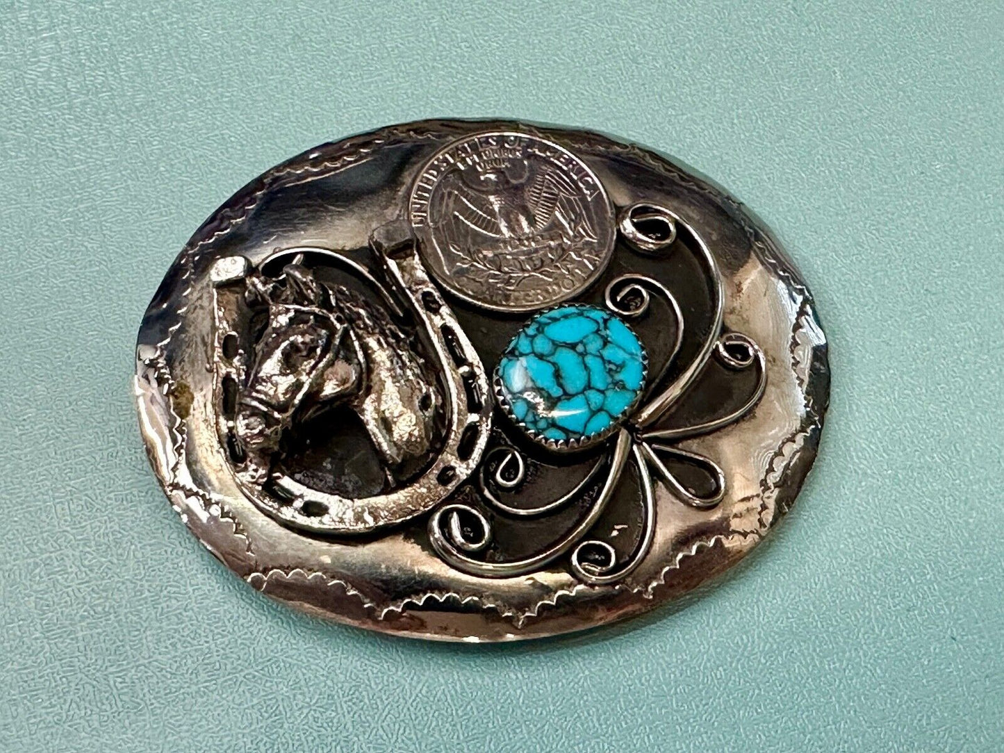 Turquoise Stone Horse Head & Shoe, Quarter Coin Southwestern belt buckle