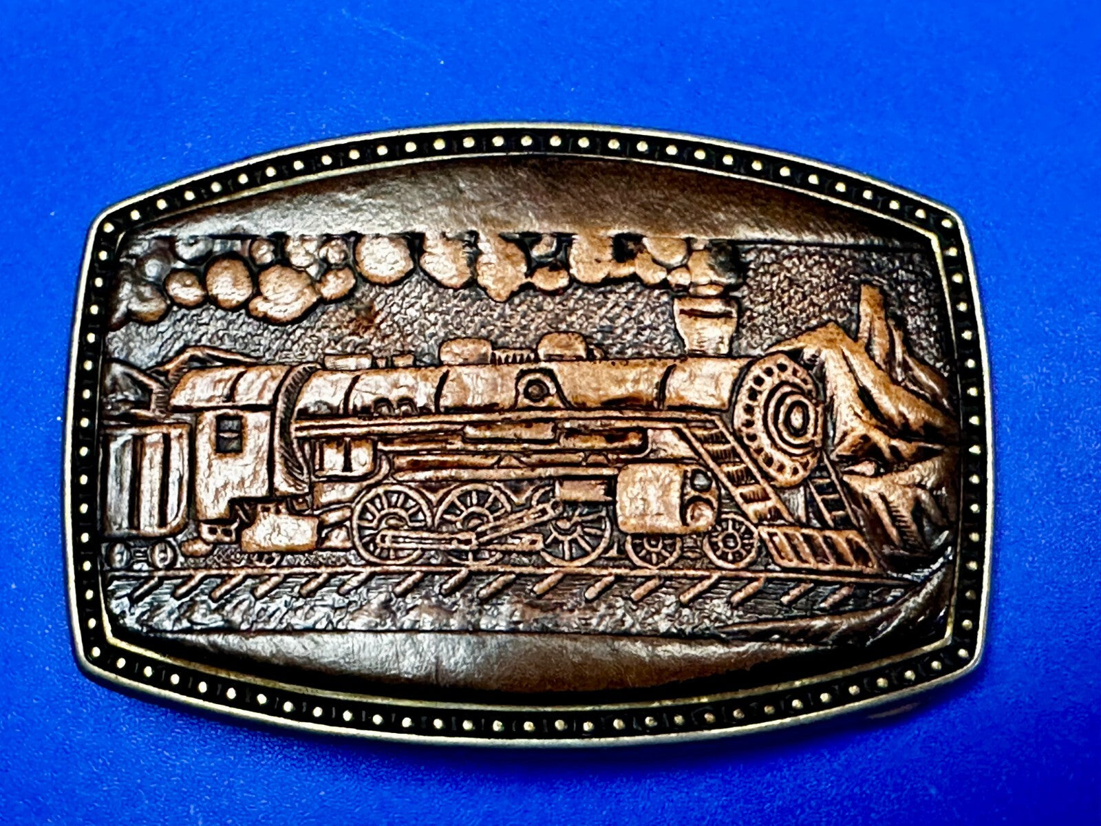 #4108 Train Locomotive Railroad Vtg. Leather on Metal Alumaline Belt Buckle