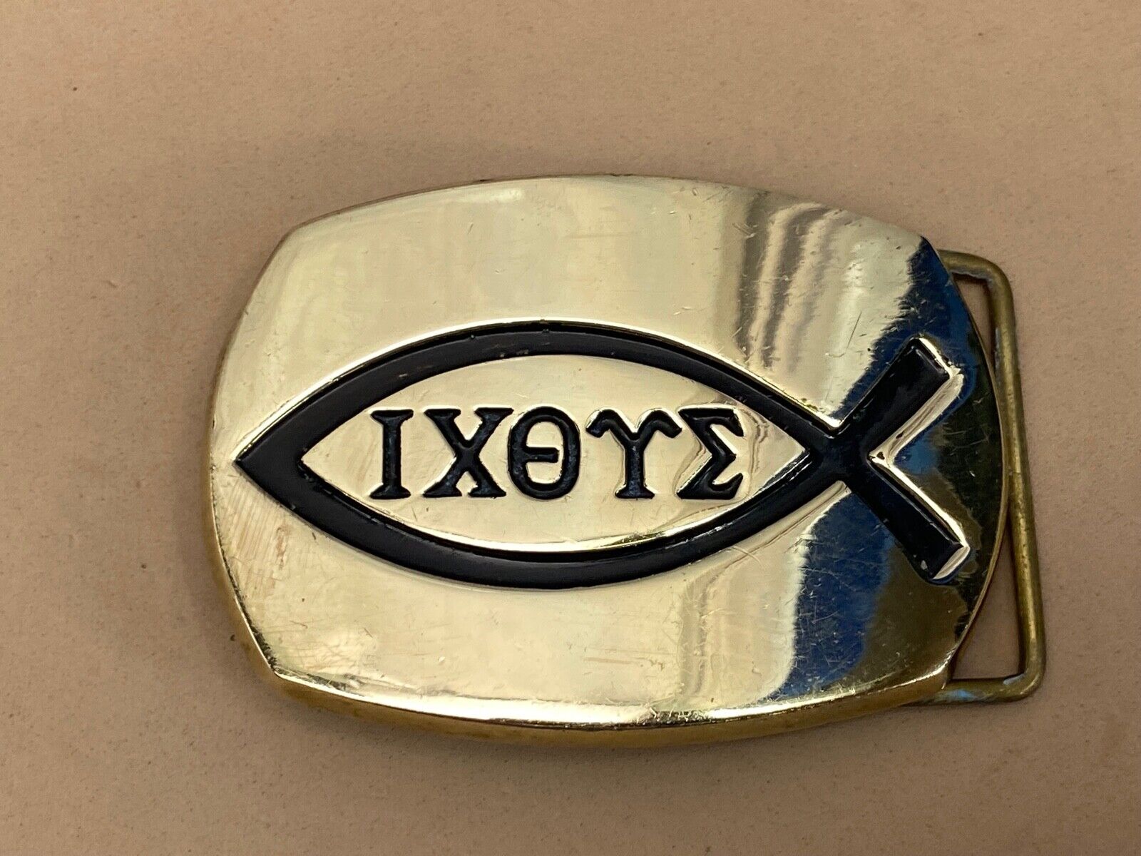 Vintage Ichthus Jesus Fish Ixoye Christian Symbol Icthus Brass Belt Buckle 