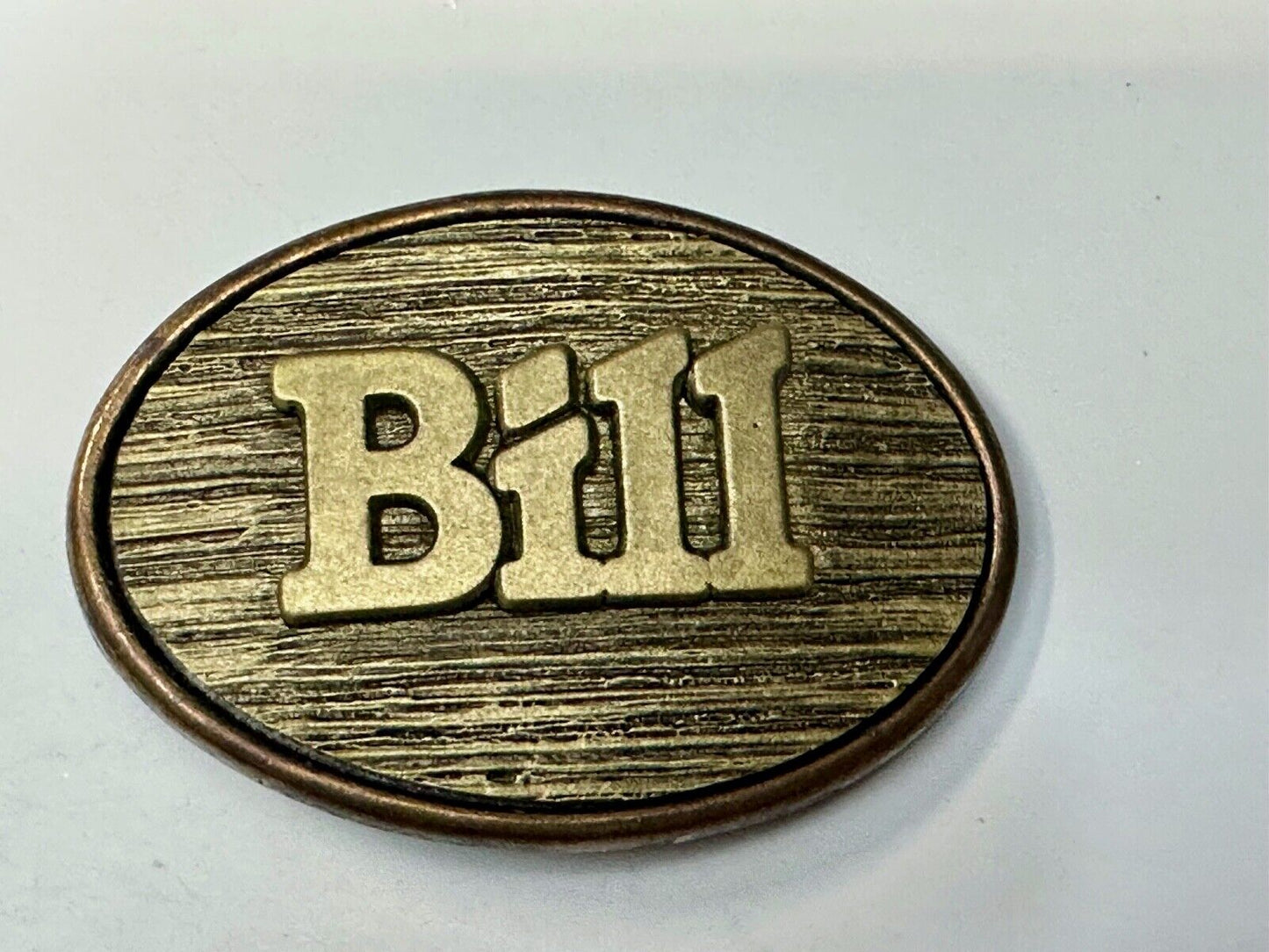 BILL  vintage custom name metal faux wood grain Belt Buckle By Oden