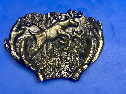 3D Buck Deer & Doe in woods - Vintage Belt Buckle 1982 Great American Buckle Co.