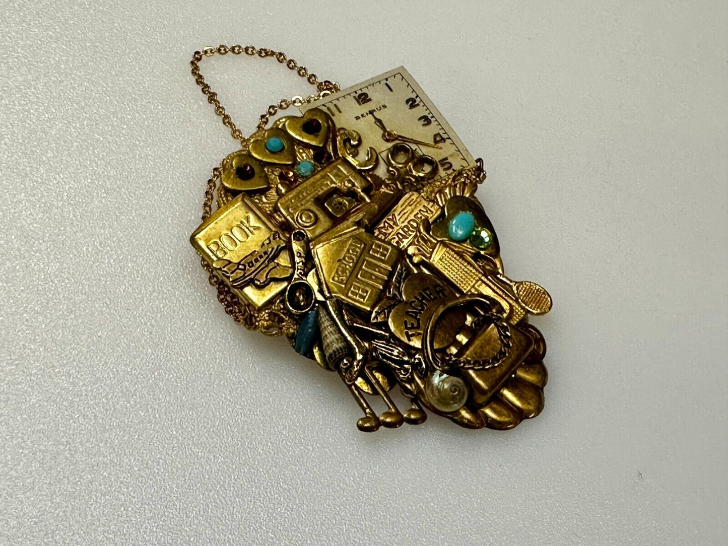Teacher School Book My Garden Artisan Chain Charm Gold Tone Brooch Pin 2006