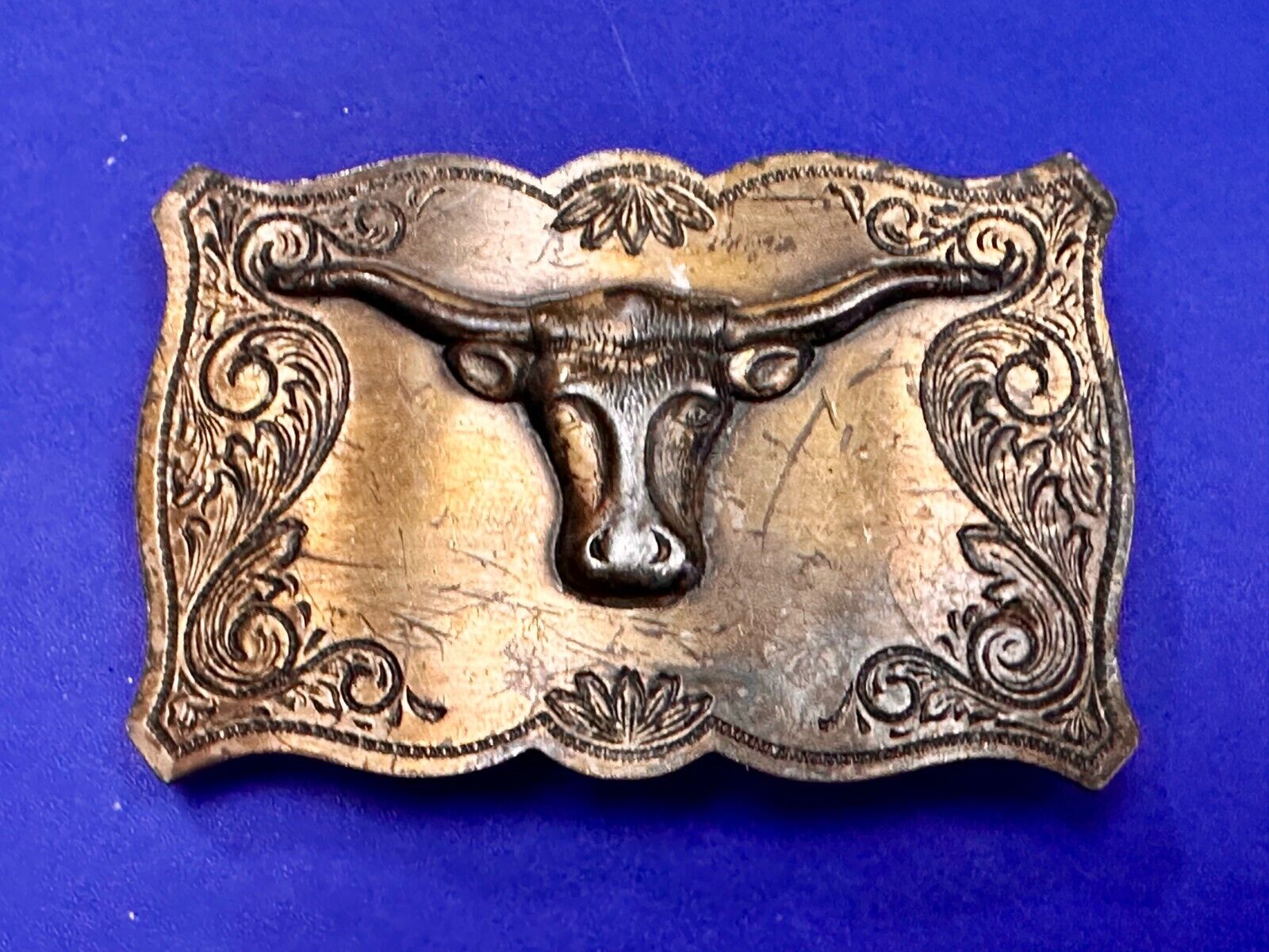 Texas Longhorn Steer Bull Cow Ornate Raised Dimensional Stamped Belt Buckle