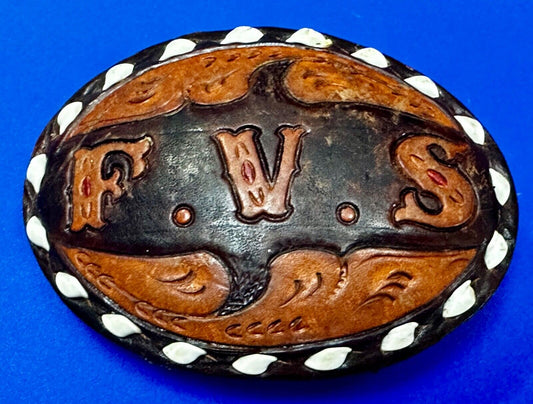 Vintage Leather Hand Stitched Initials Letters FVS Oval Mixed Color Belt Buckle