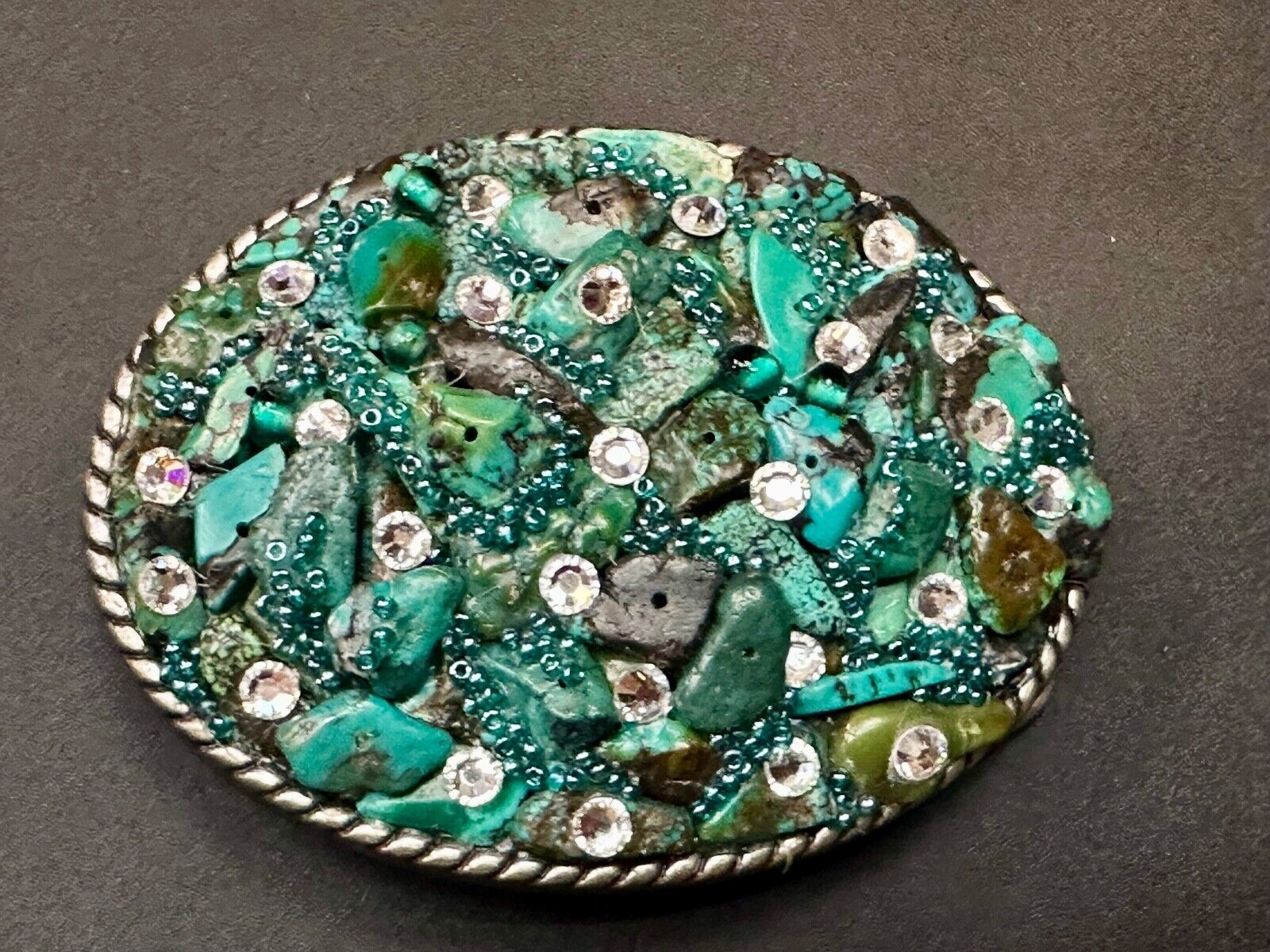 Artisan Chunky shades of Green and clear rhinestone mixed material belt buckle