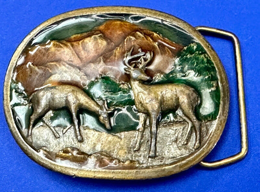 Two Deer in Nature - vintage Indiana Metal Craft E97 Colorful belt buckle