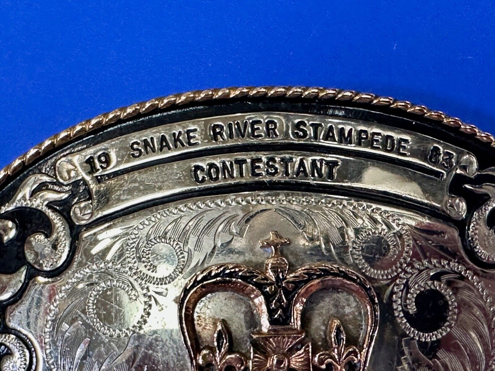 1983 Snake River Stampede Rodeo Idaho Trophy Comstock German Silver belt buckle