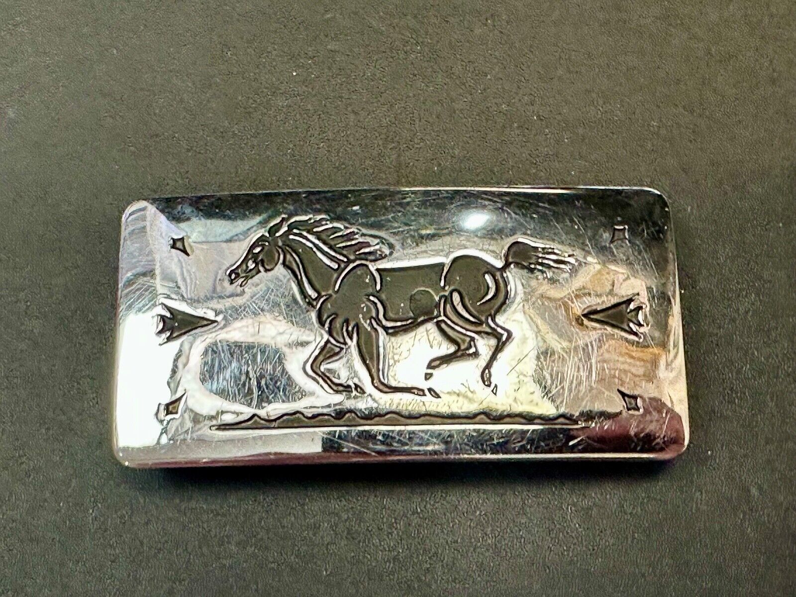 Vintage Chambers Horse Running Mustang W/ Arrows nickel silver Belt Buckle