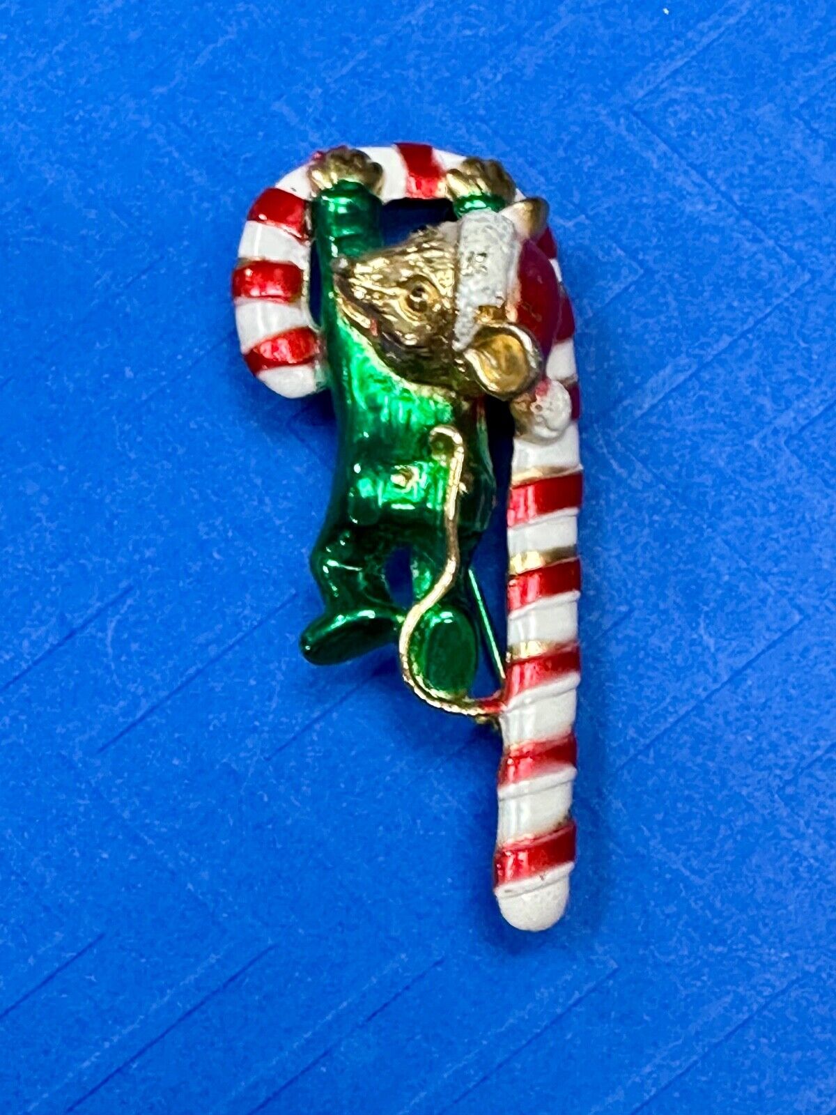 AJC signed MOUSE on Candy Cane Holliday Pin /  Brooch