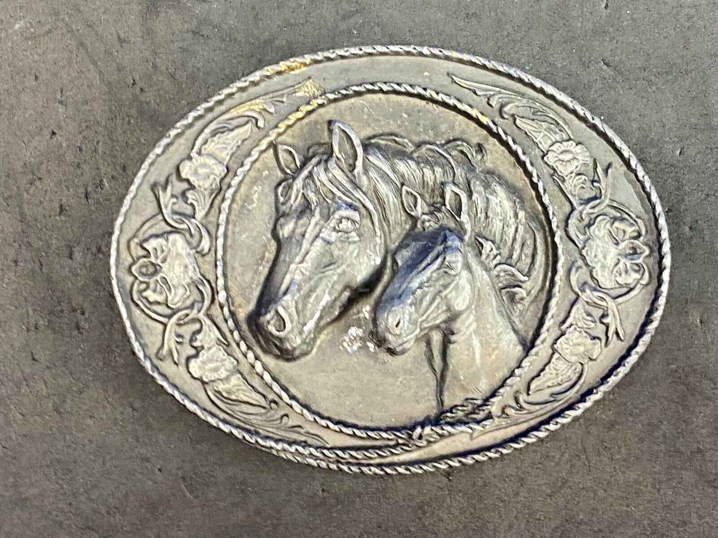 Two Horse Heads  Dark Silver Metal Western Belt Buckle - unknown makers mark