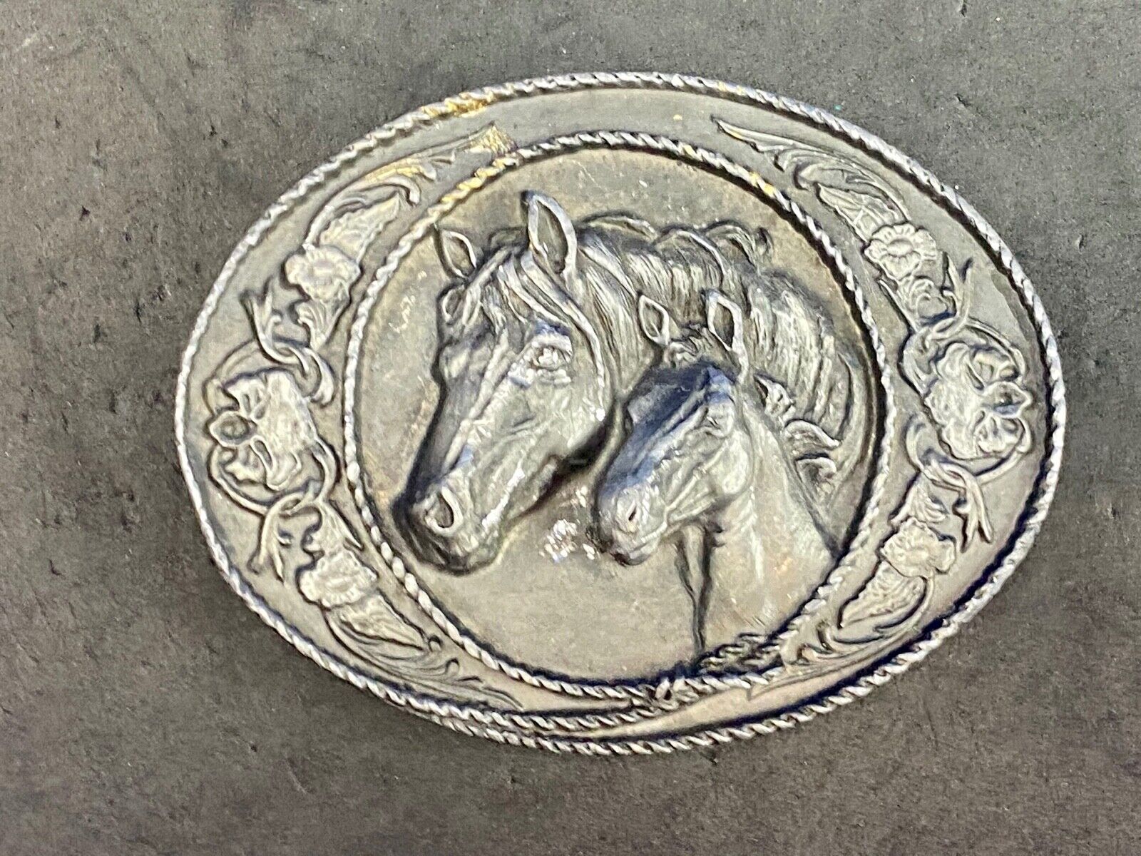 Two Horse Heads  Dark Silver Metal Western Belt Buckle - unknown makers mark