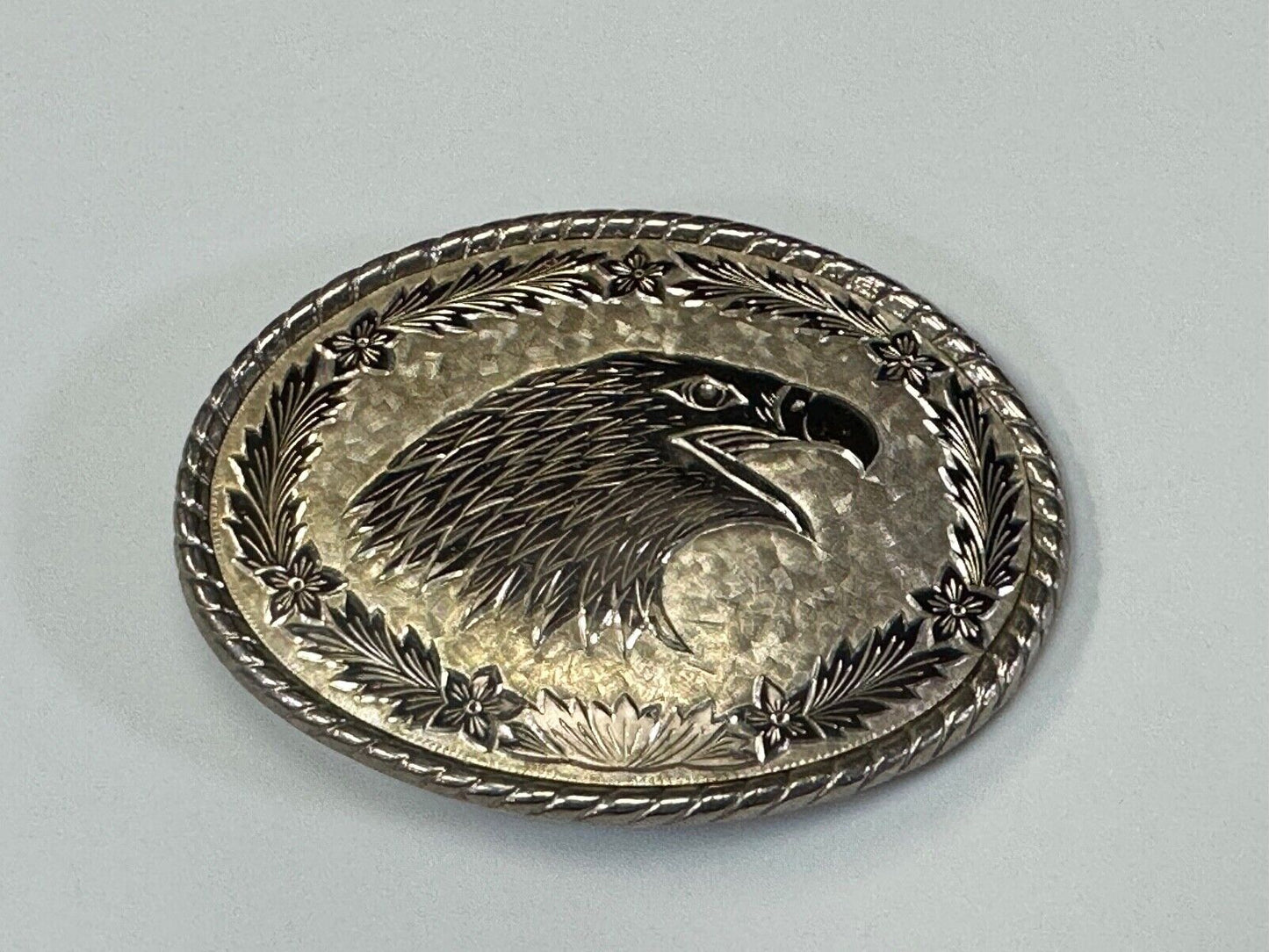 American Bald Eagle Bust profile, silver tone Etched belt buckle W Makers Mark