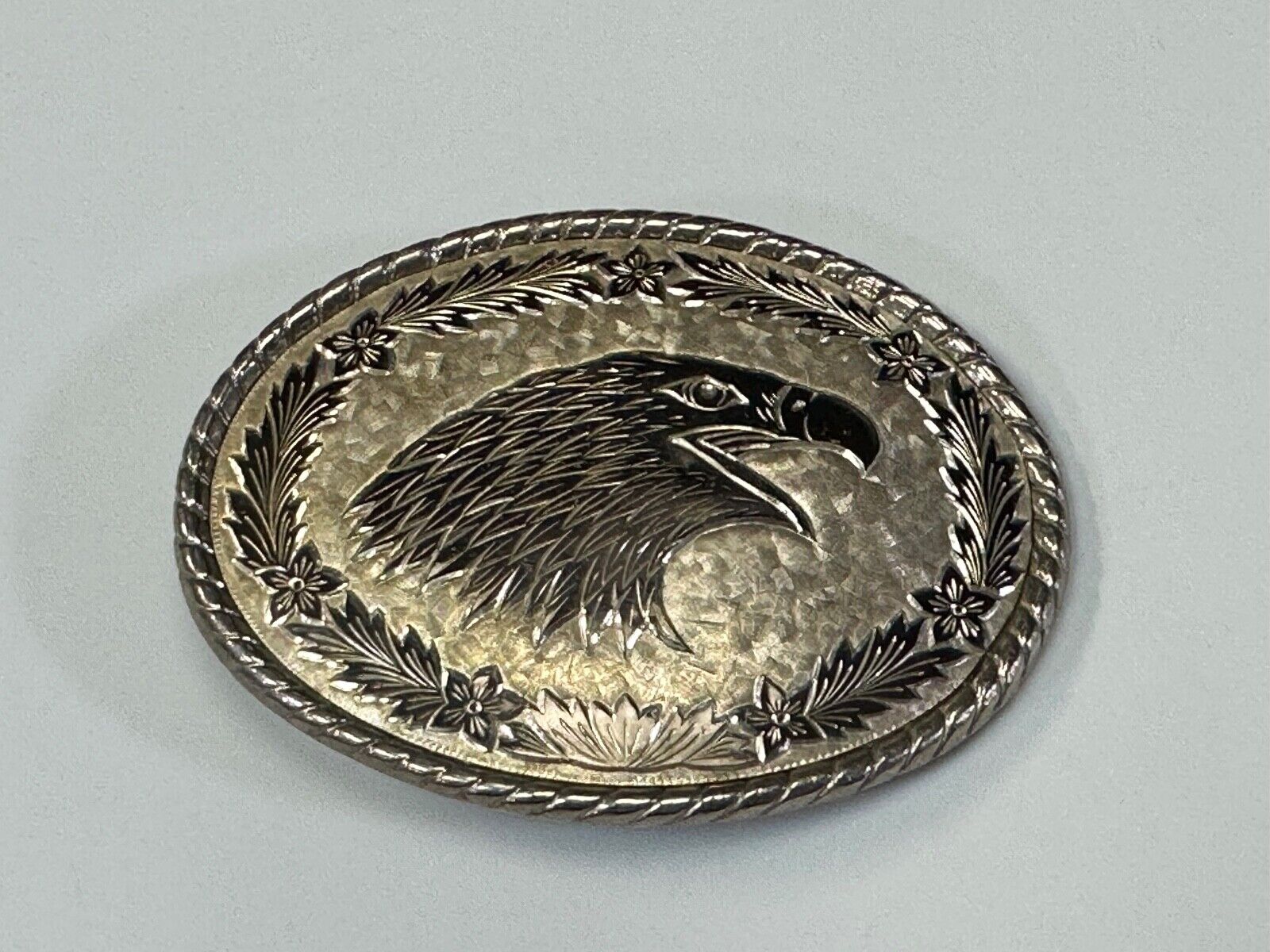American Bald Eagle Bust profile, silver tone Etched belt buckle W Makers Mark