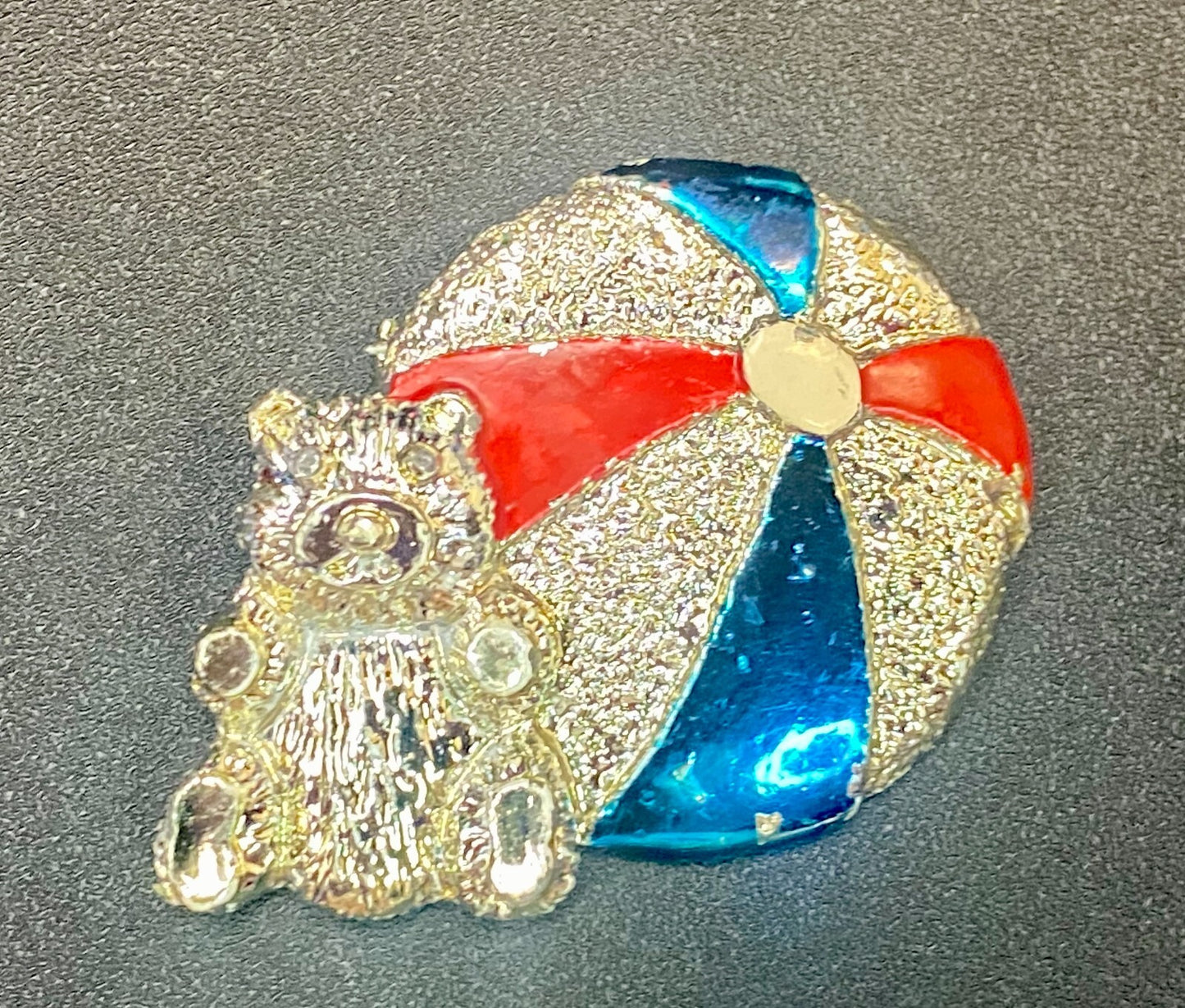Teddy Bear with Beach Ball Vintage Blue Red Enamel Signed Brooch Pin