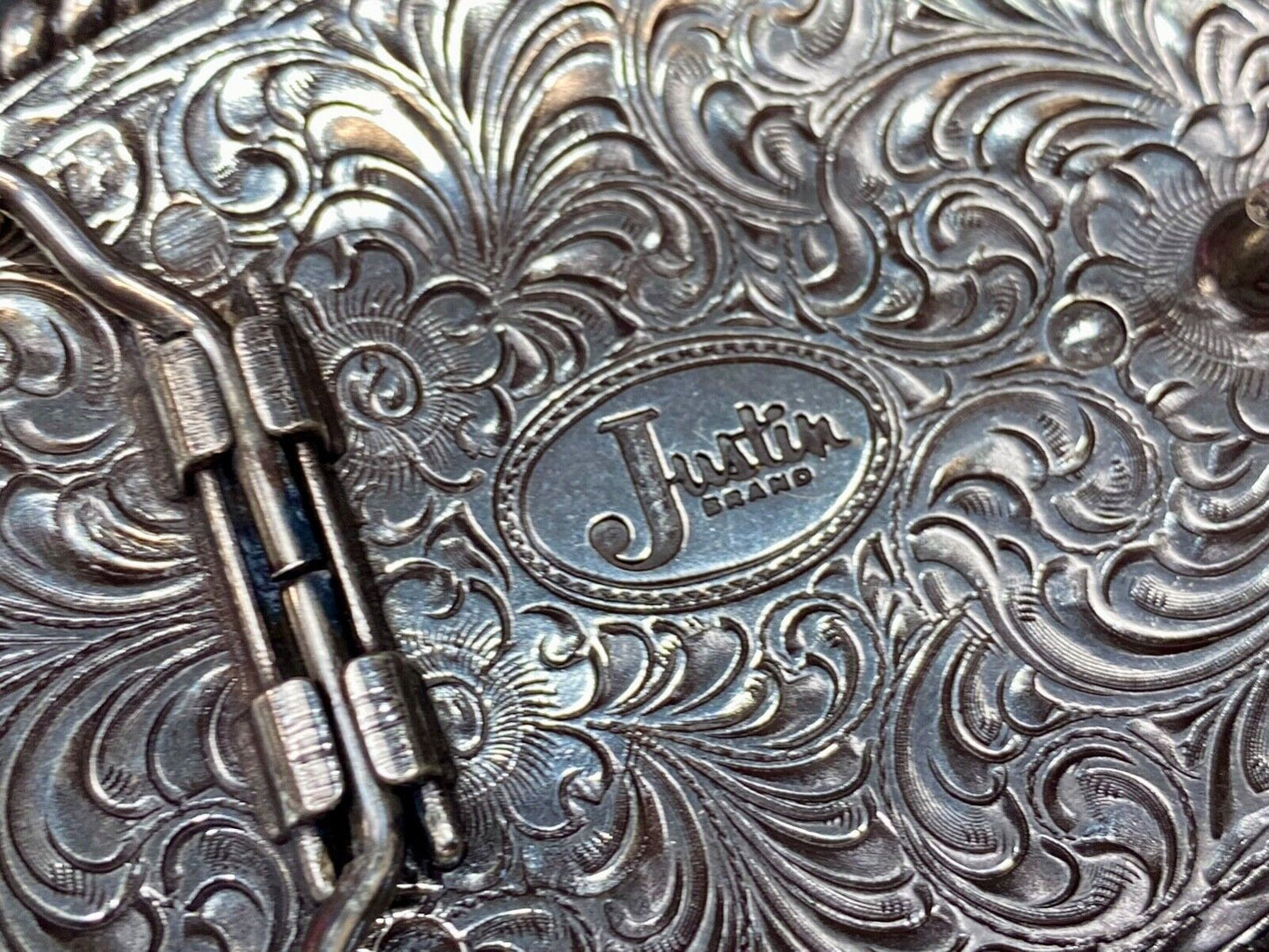 Vintage Justin Cowboys ornate flower swirl Belt Buckle with blank trophy scroll