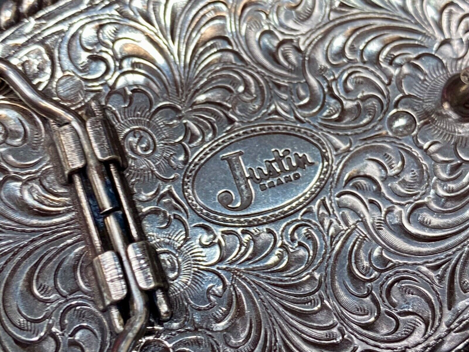 Vintage Justin Cowboys ornate flower swirl Belt Buckle with blank trophy scroll