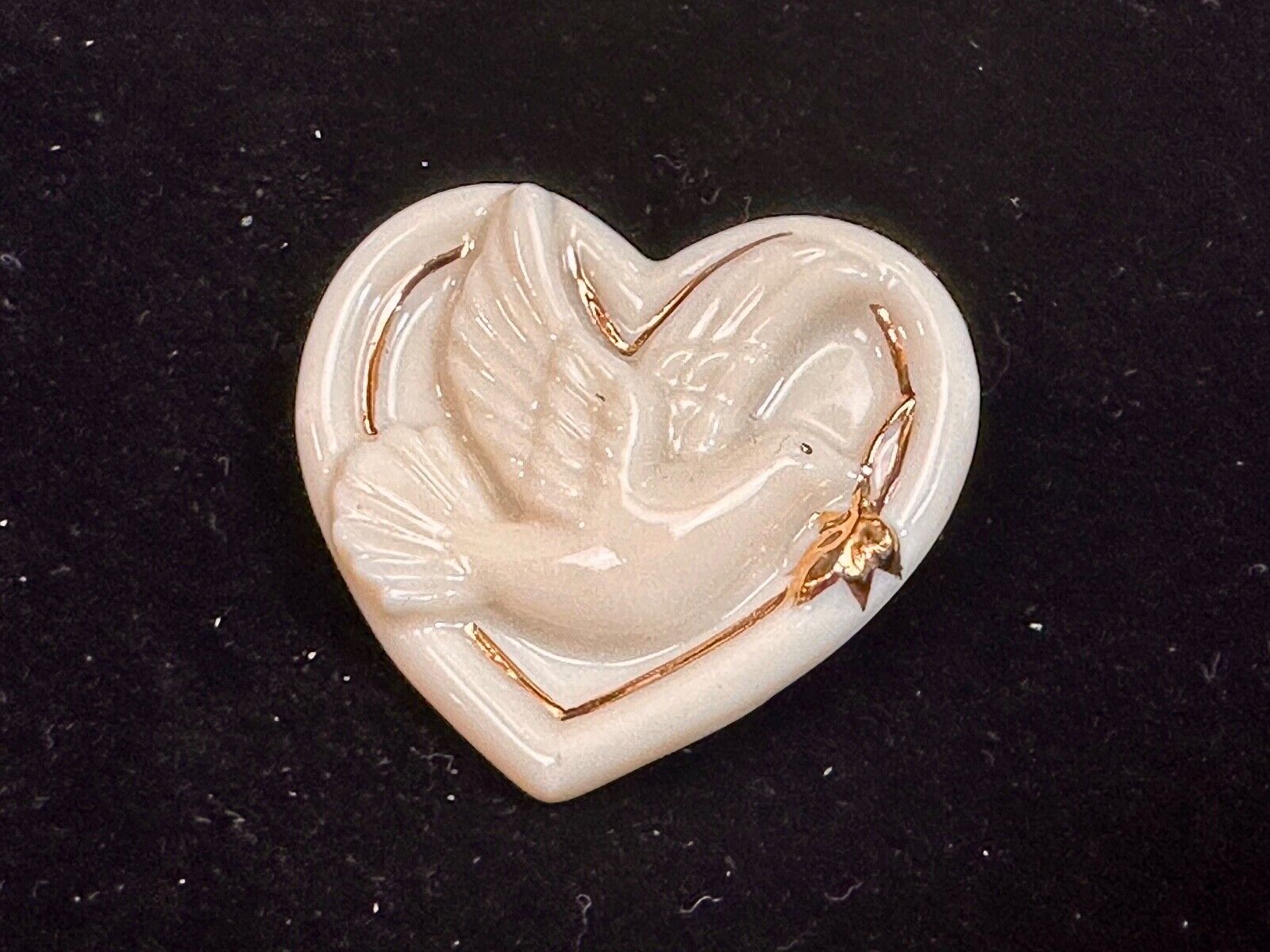 Vintage Lenox Heart Shaped Brooch with Peace Dove & Olive Branch, Gold Trim