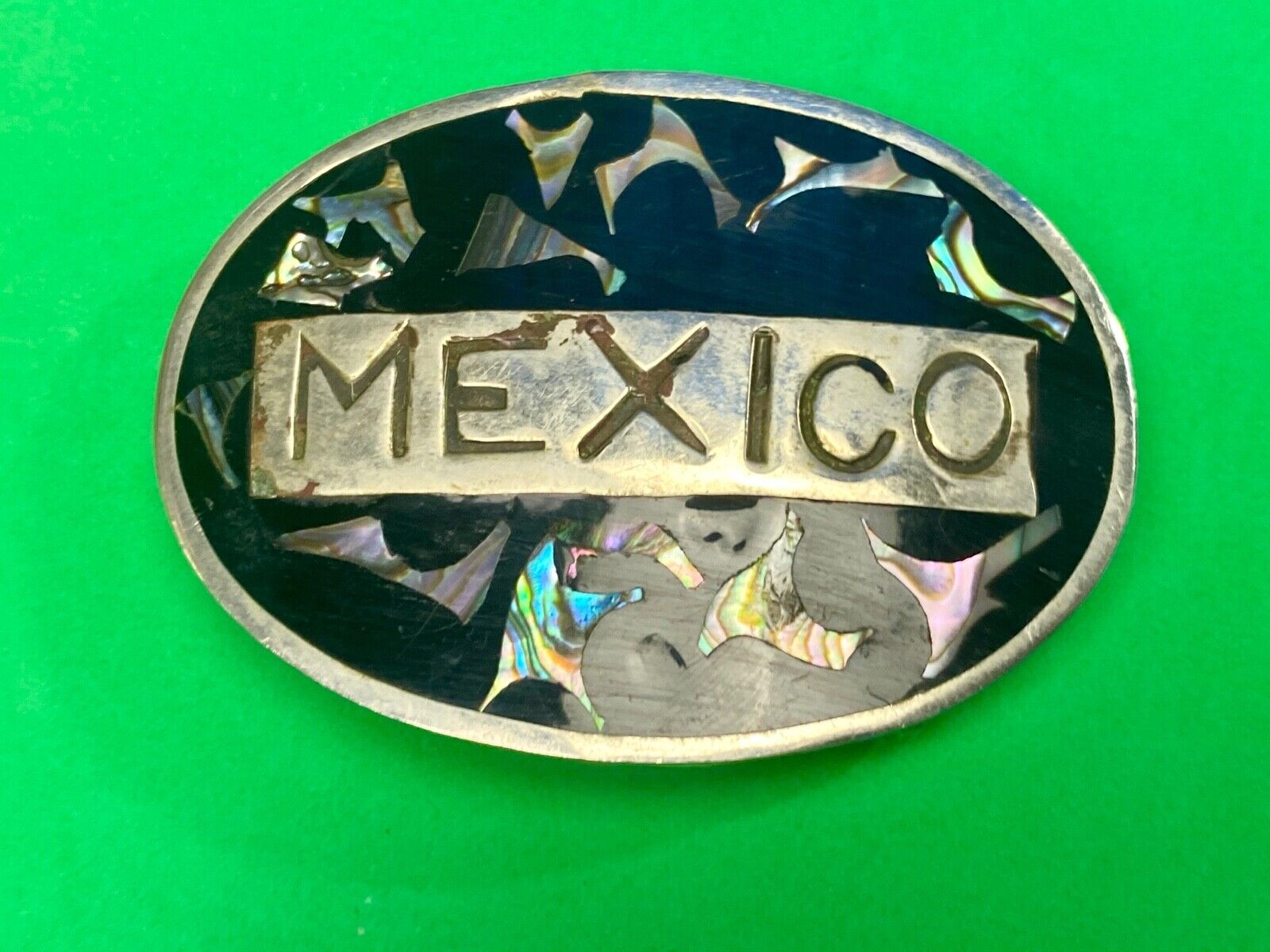 Vintage Inlaid Mother of Pearl MEXICO Spelled Out country belt buckle 