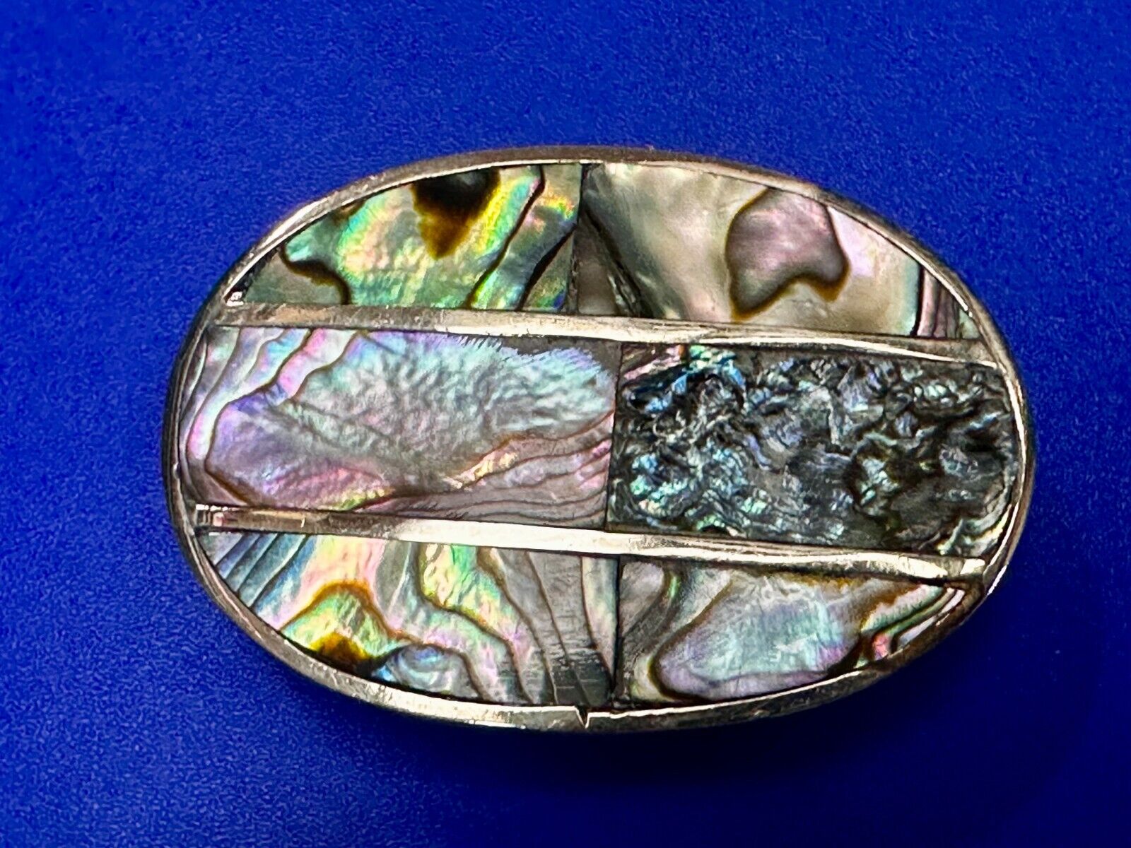 Artisan Natural Abalone Shell Vintage Oval Belt Buckle Marked Mexico