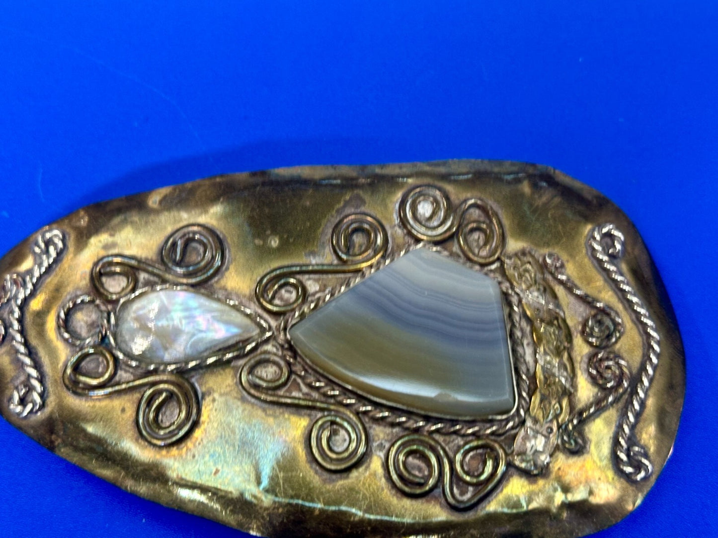 Artisan Mixed Stone Shell Art Nouveau Boho Brass Hippy Vibe Large Belt Buckle