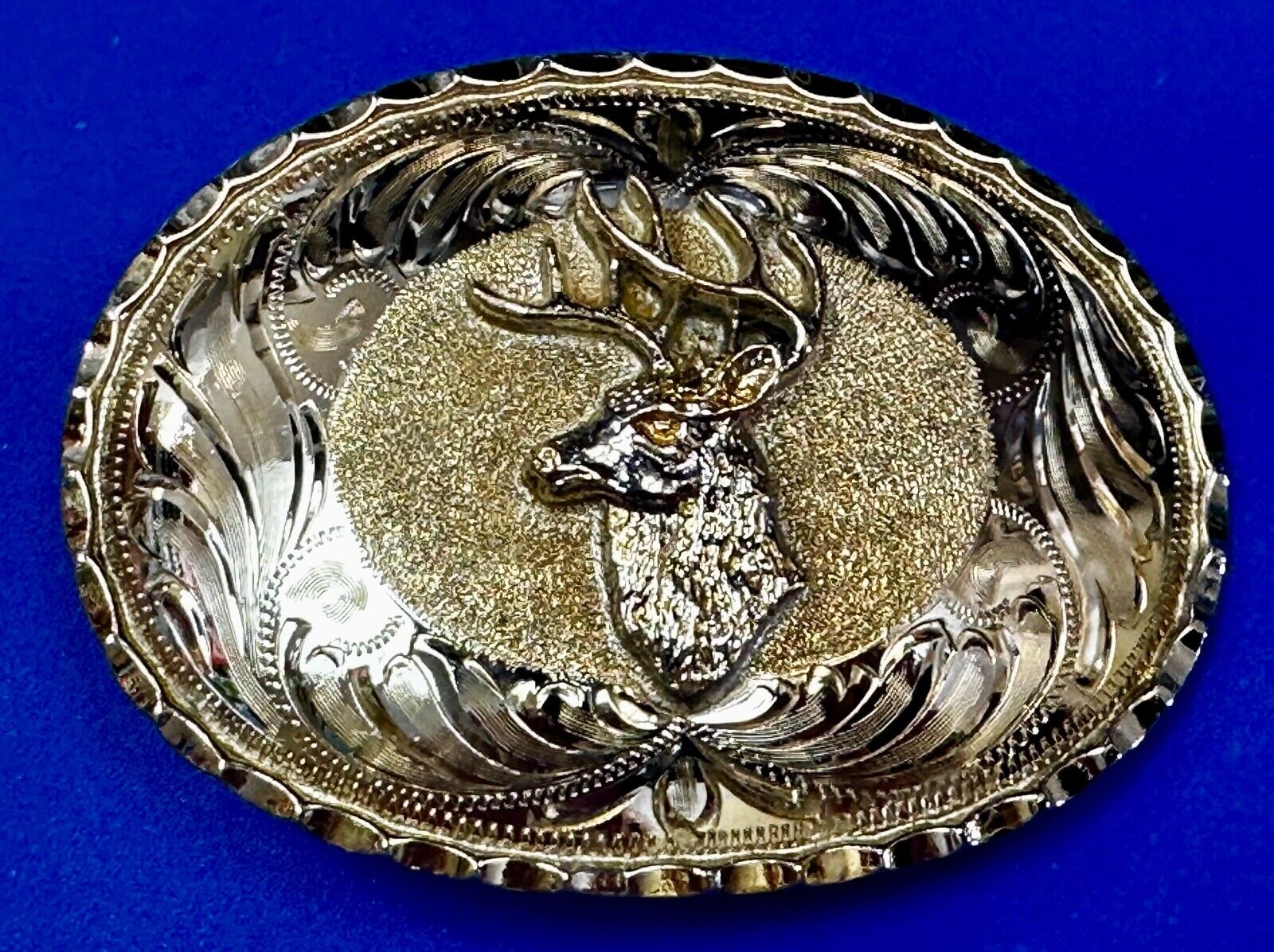 Unique Deer  Buck Elk - Ornate Alpaca Mexico Made Vintage Belt Buckle