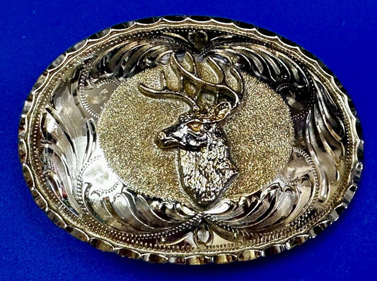 Unique Deer  Buck Elk - Ornate Alpaca Mexico Made Vintage Belt Buckle