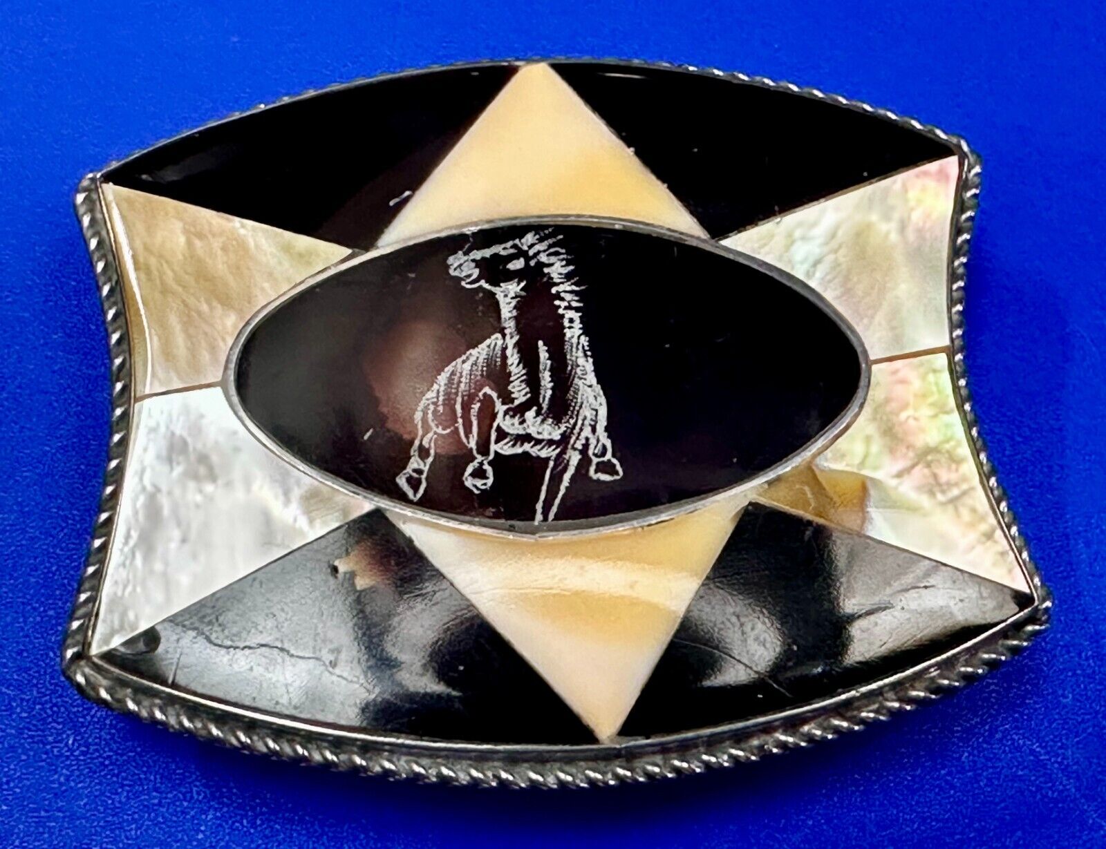 Antique Etched Bronco Mother of Pearl Inlay Artisan Silver? Belt Buckle
