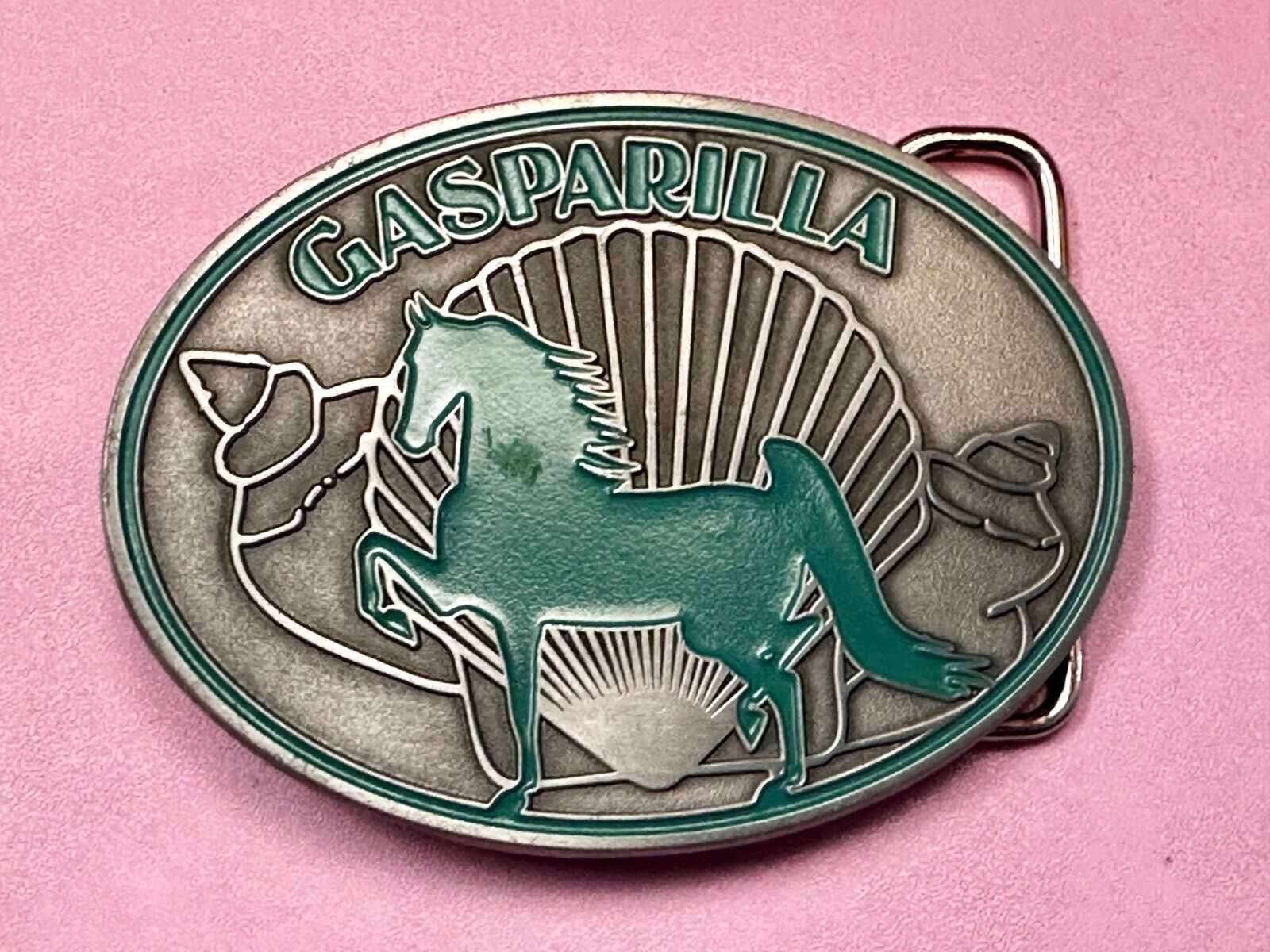 Gasparilla Horse Stallion W/ Sea Shells Green Enameled Accents Belt Buckle