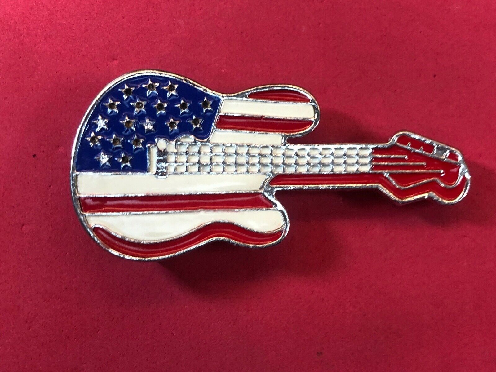 American USA flag colors on figural cut out guitar belt buckle  Rock & Roll! 