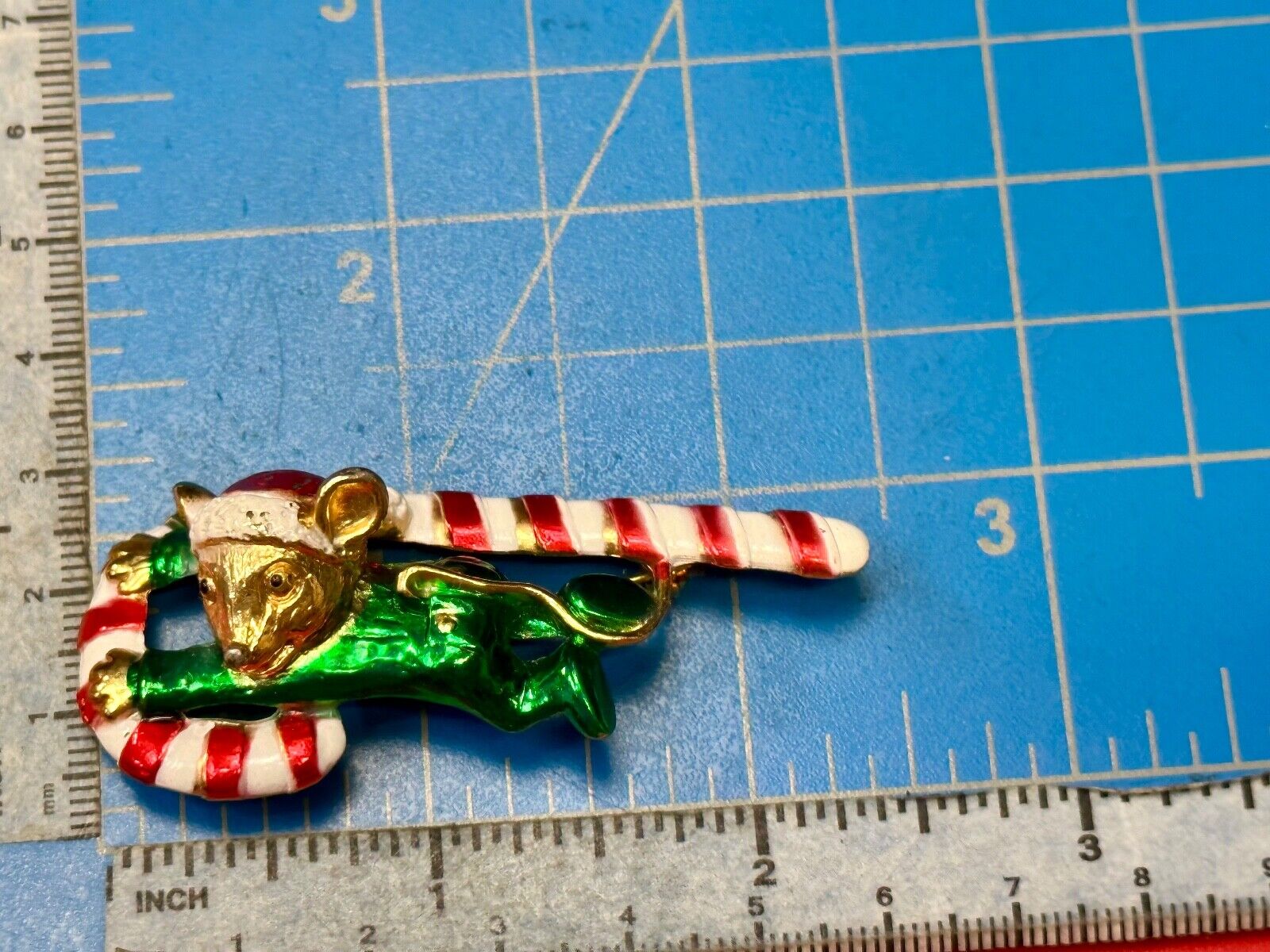 AJC signed MOUSE on Candy Cane Holliday Pin /  Brooch