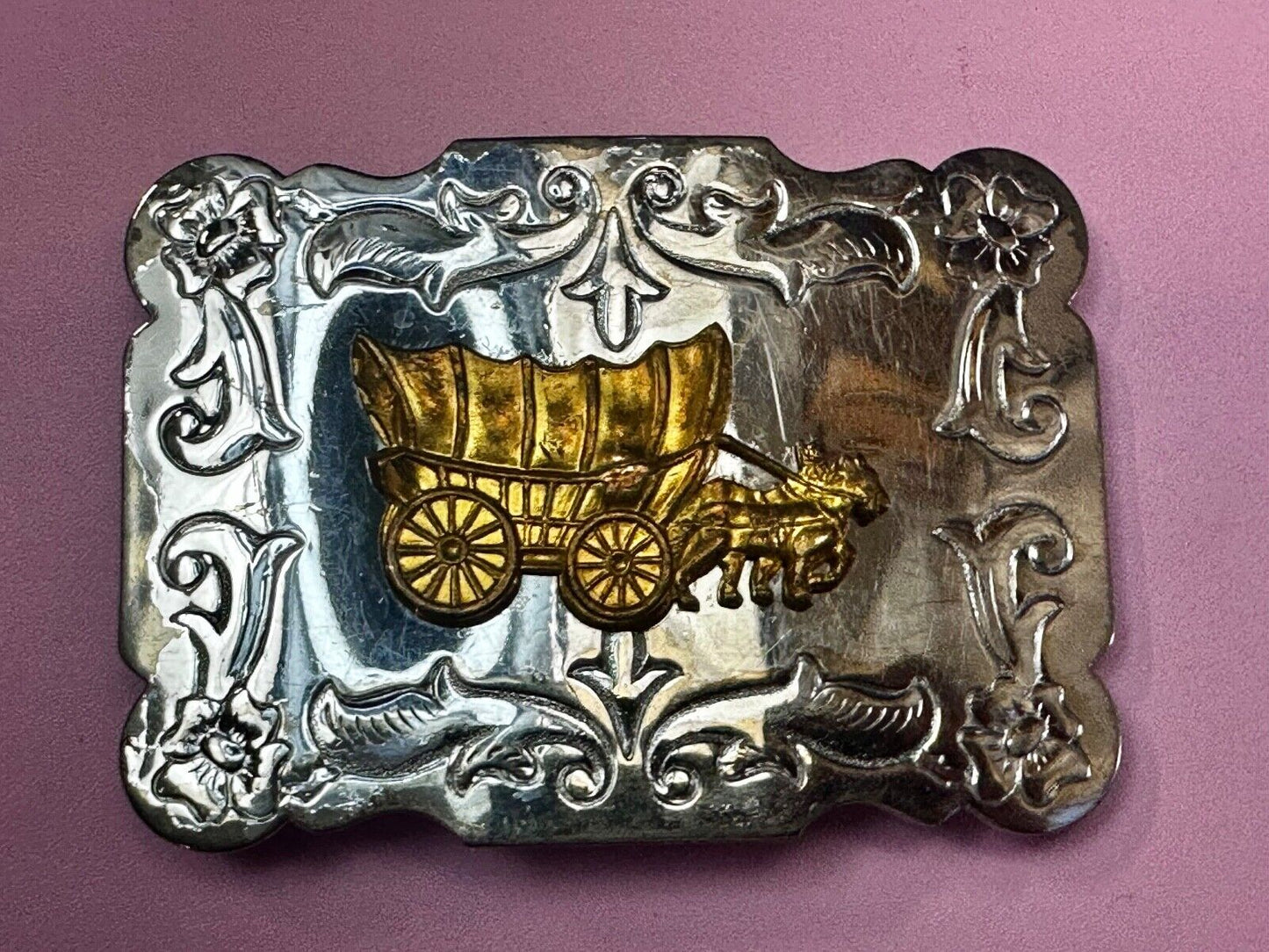 Vintage Horse Drawn Covered Wagon - two tone Belt Buckle with reflective surface