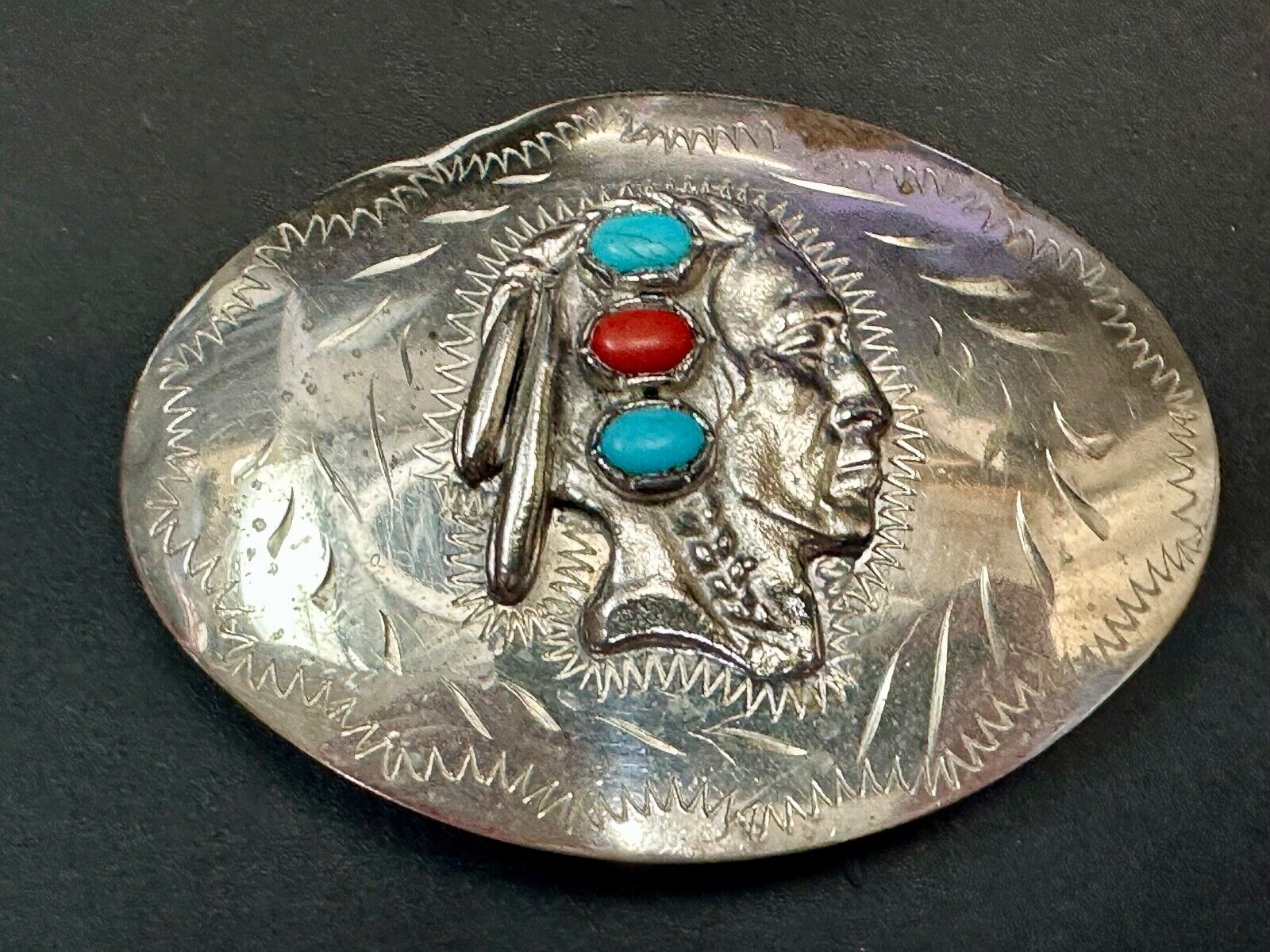 Artisan Native American Indian Bust Belt Buckle  Faux Turquoise & coral accents