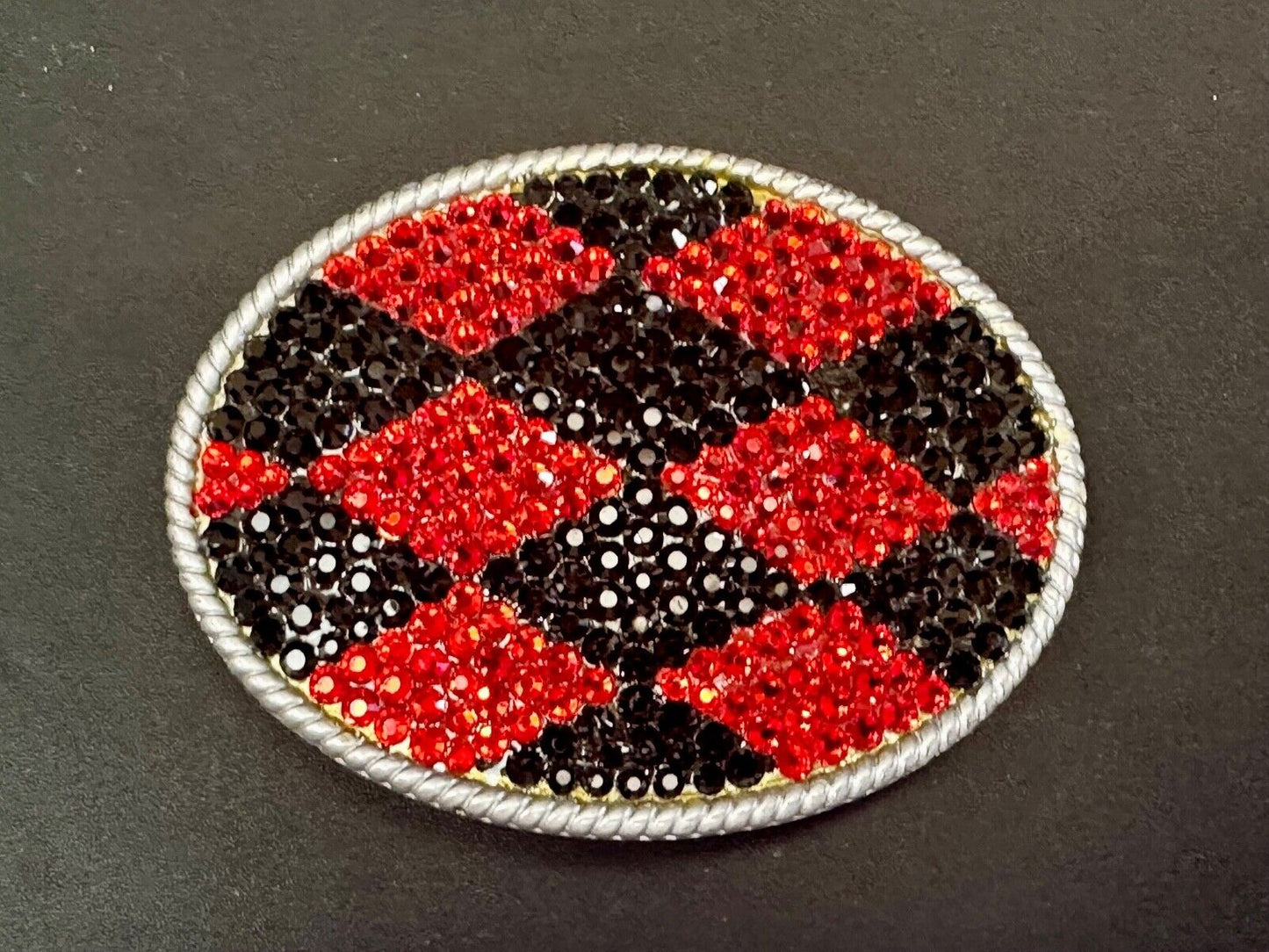 Black &  Red rhinestone Checkerboard Diamond Jester 3.75" wide belt buckle