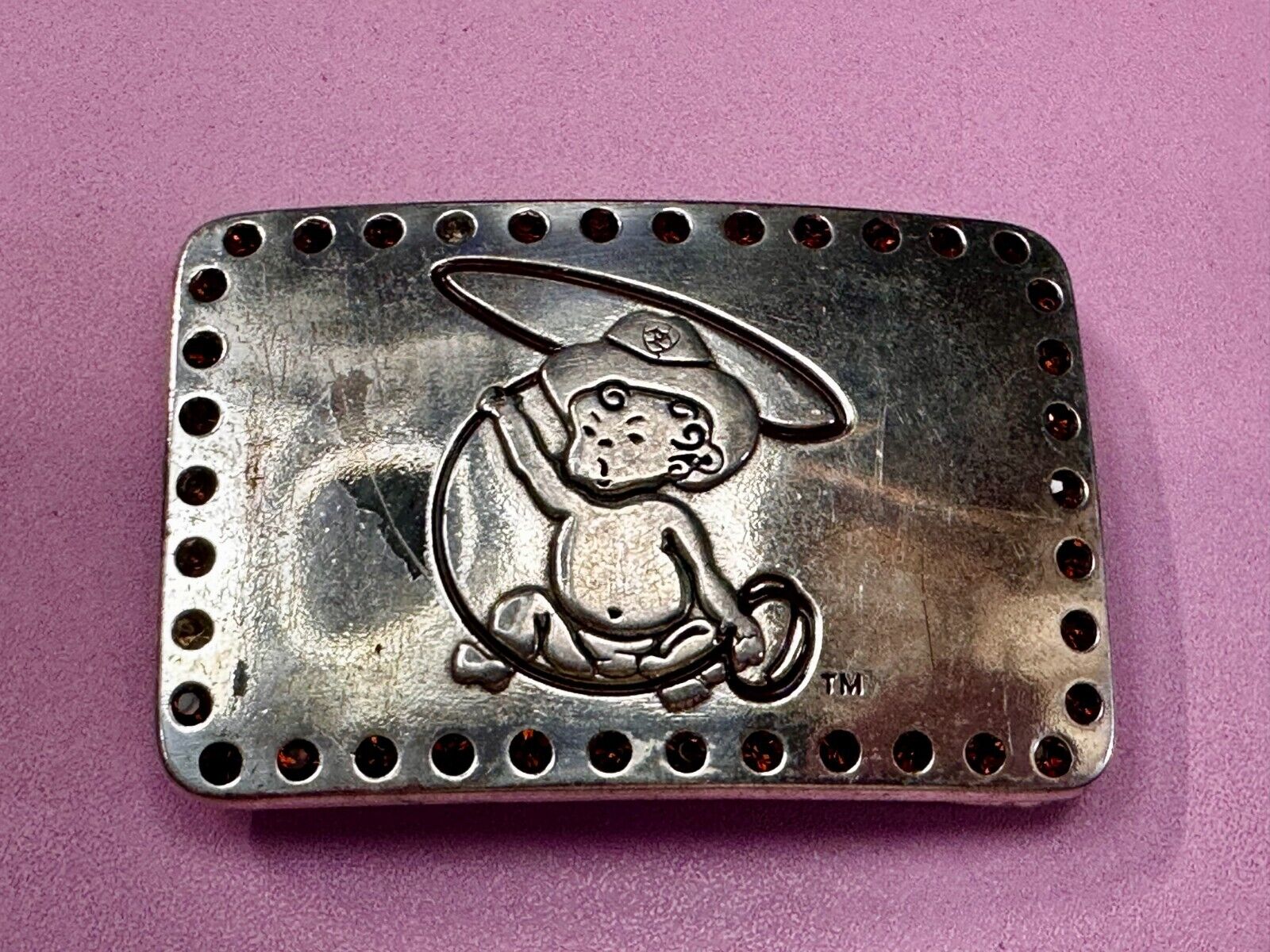 Baby Cowboy Roping Red Rhinestone Border Western Framed Ariat Belt Buckle