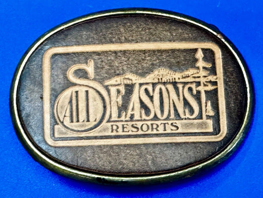 All Seasons Resorts Vintage Advertising promo faux leather Belt Buckle
