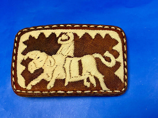 Vintage Fabric Stitched Belt Buckle  Rodeo Cowboy On Wild Bull