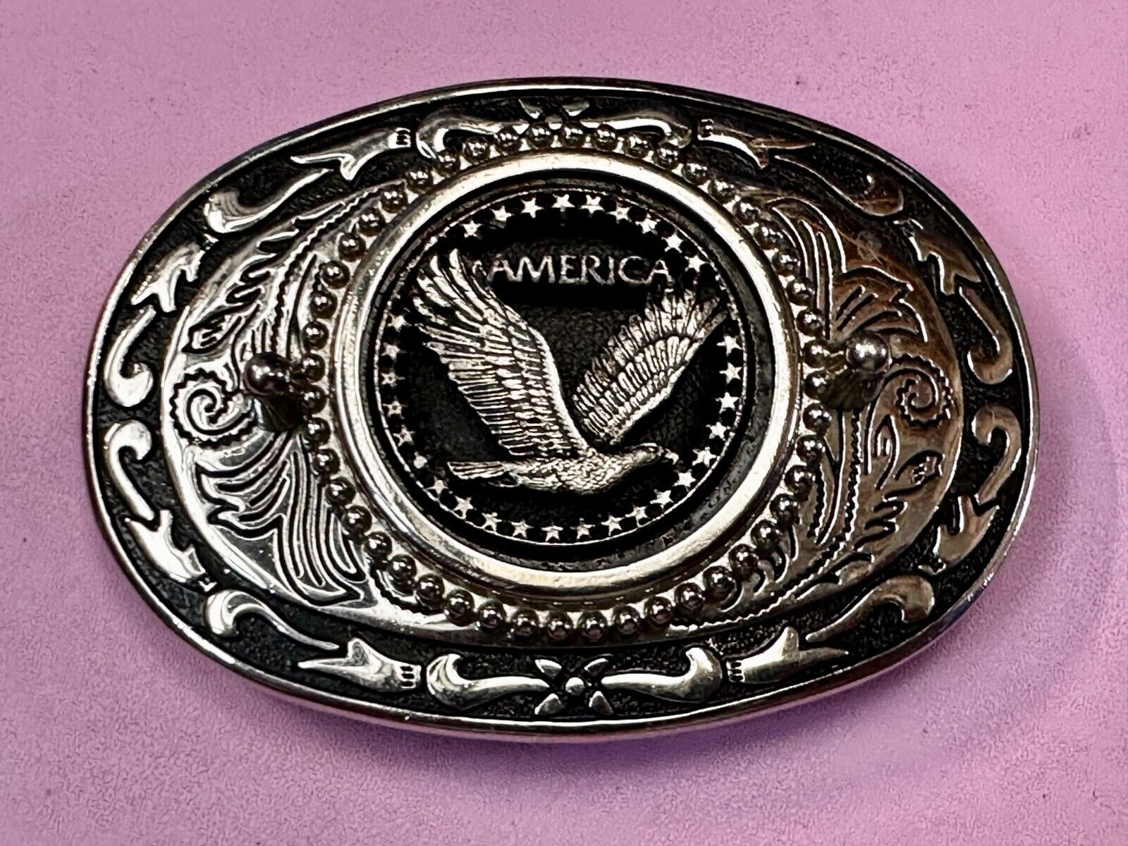 American Patriotic Bald Eagle Centered Flower Swirl Western Vintage Belt Buckle
