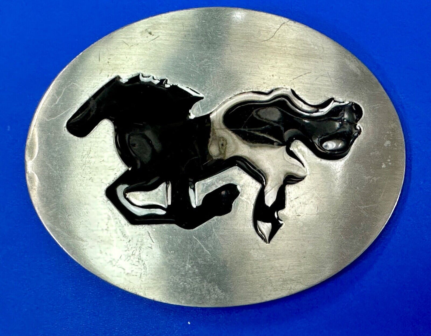 Abstract black Horse abstract Running Mustang in sleek silver color belt buckle